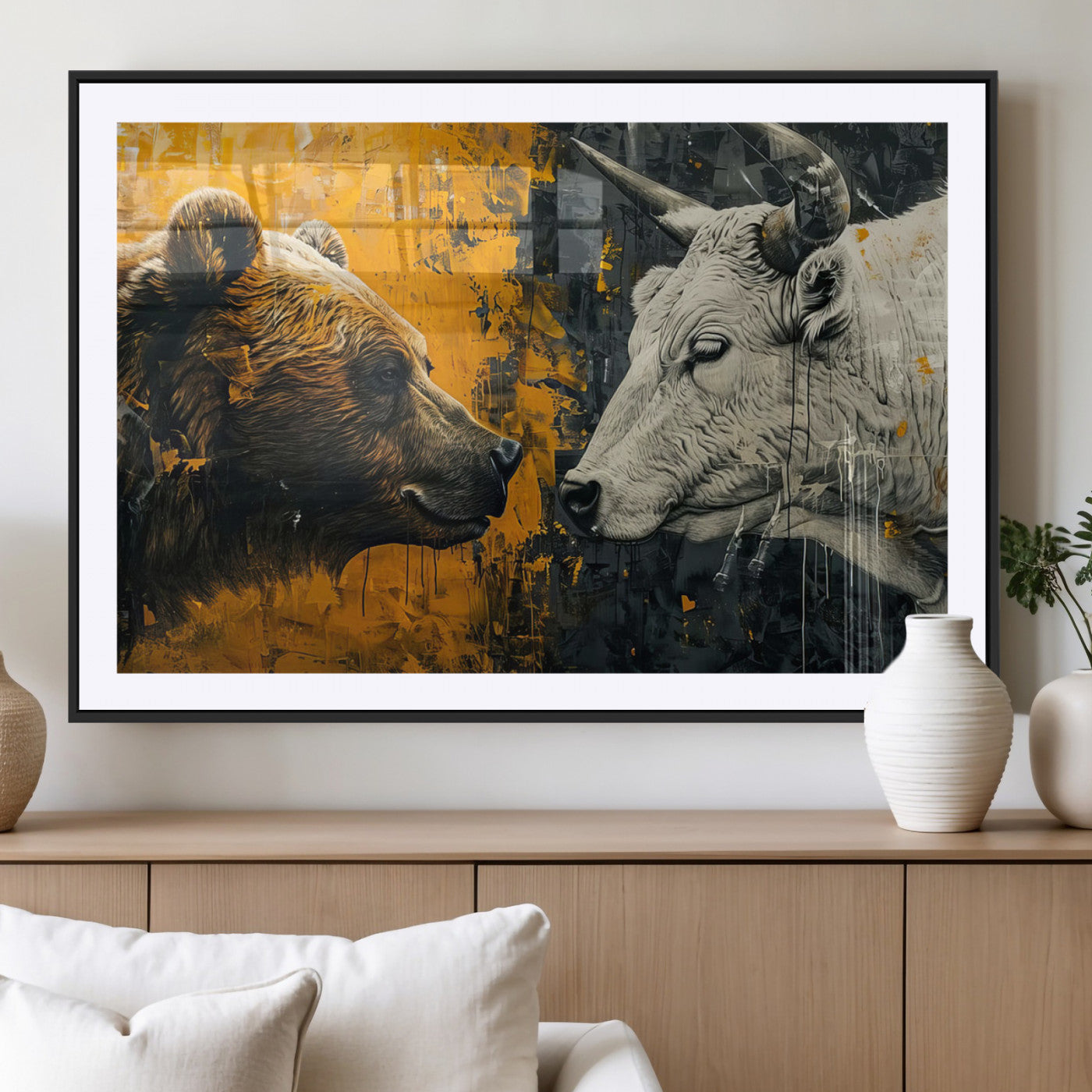 MGC-FP-36x24 - Bear and Bull Wall Art Canvas Print – Abstract Animal Portrait Painting for Modern Home Decor –