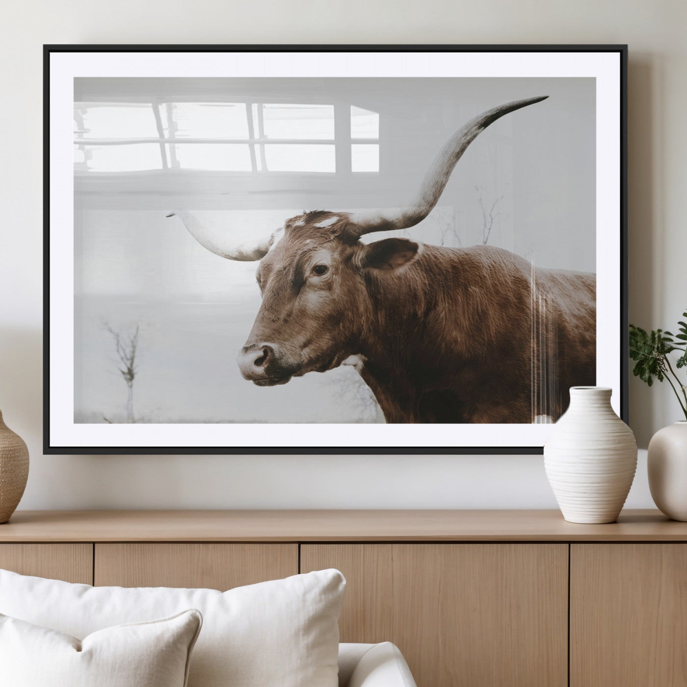 MGC-FP-36x24 - Rustic Bull Wall Art Canvas Print – Modern Longhorn Farmhouse Animal Decor – Abstract Farm Cow