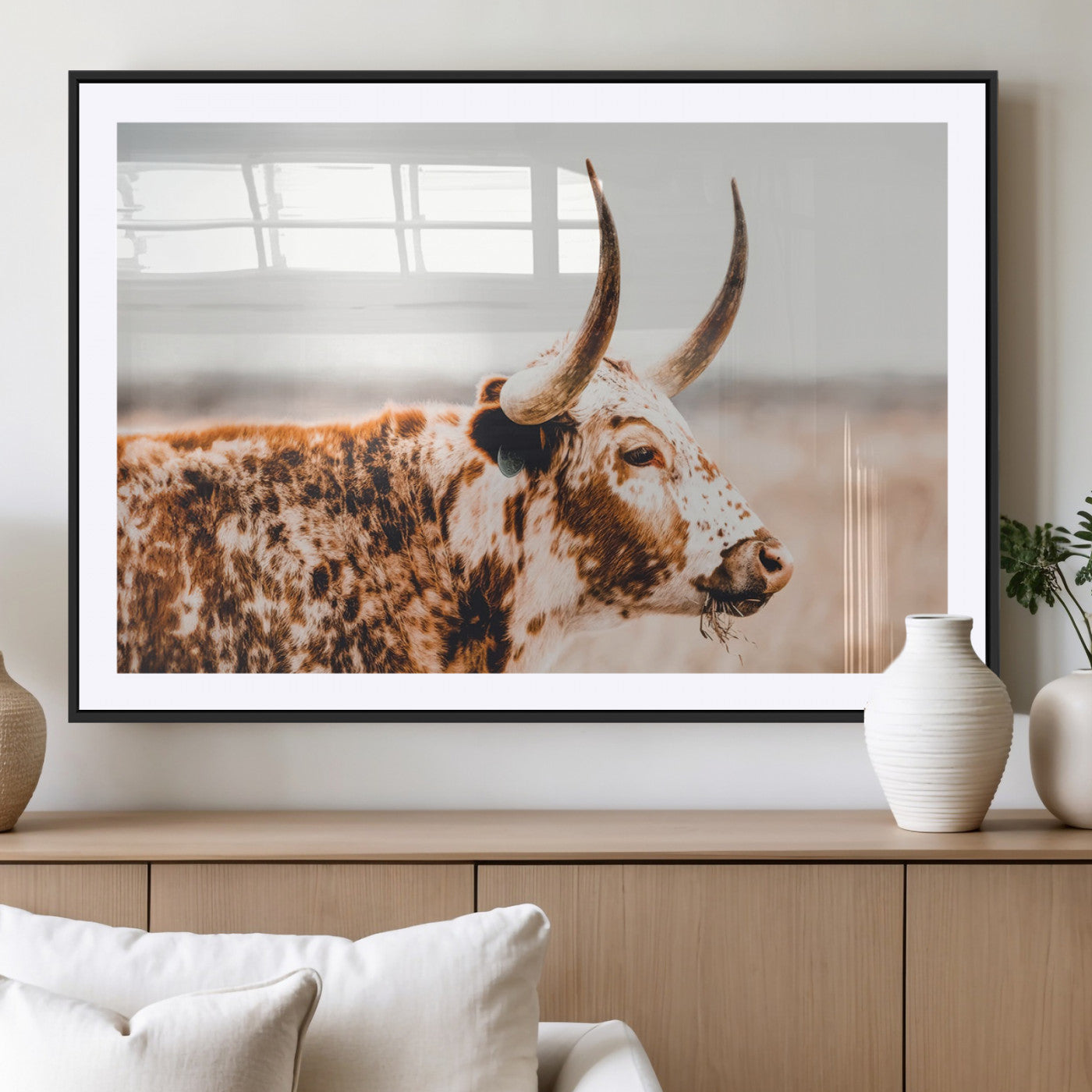-Speckled Bull Wall Art Canvas Print – Rustic Cow Longhorn Farmhouse Animal Decor – Western Longhorn