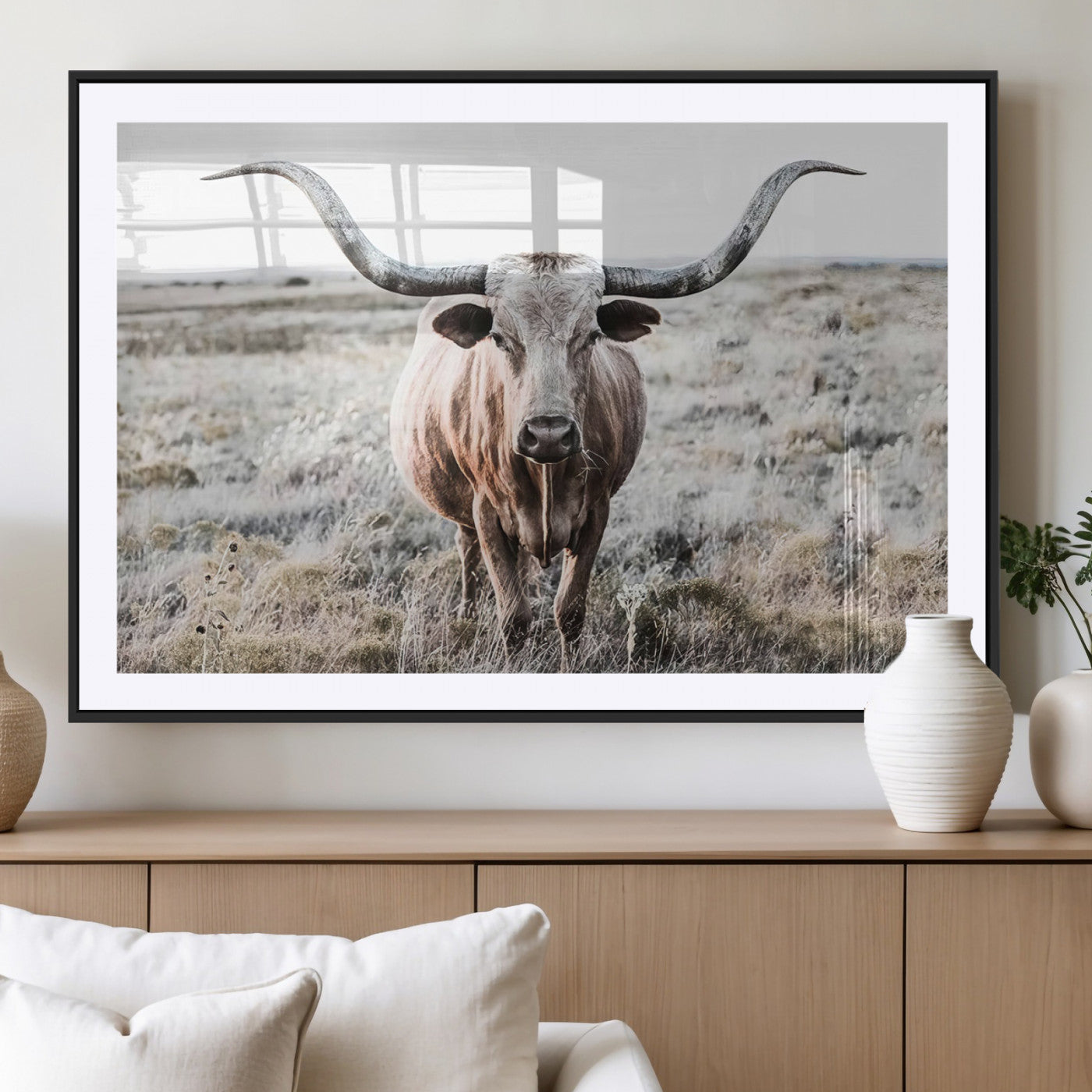 -Rustic Texas Longhorn Wall Art Canvas Print | Western Farmhouse Decor for Living Room or Office,