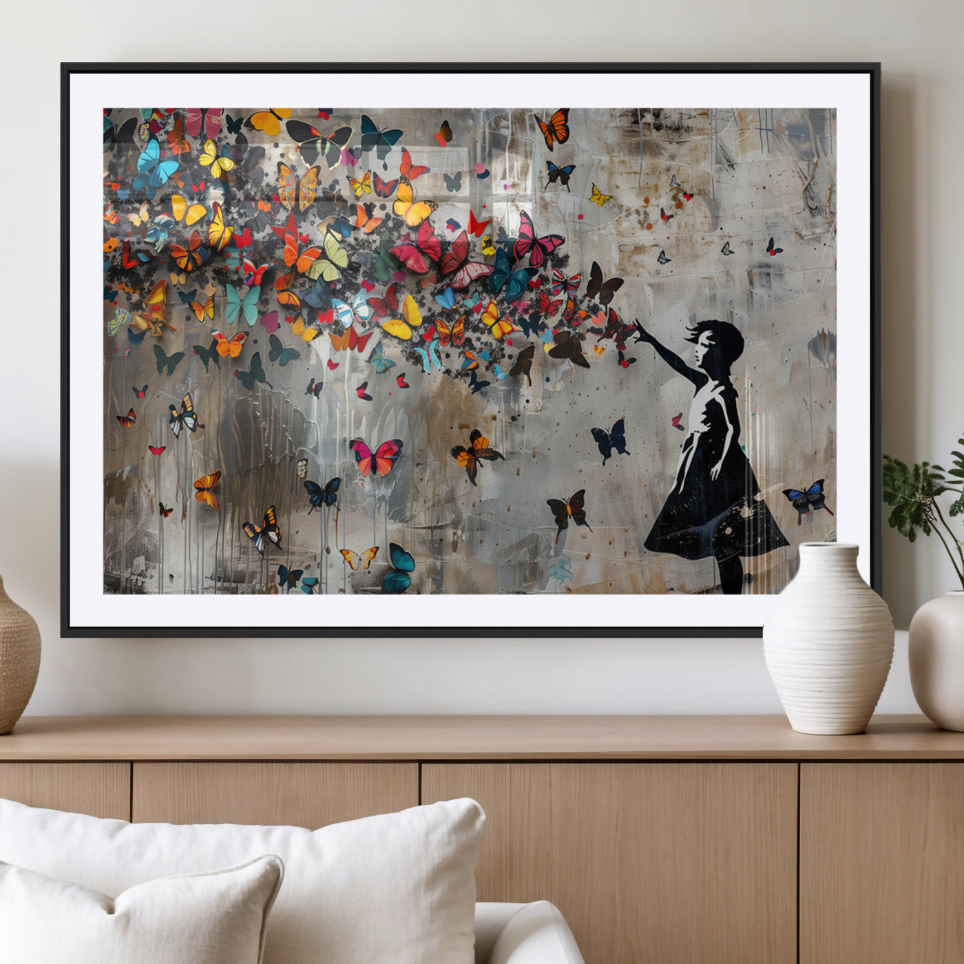MGC-FP-36x24 - Banksy Wall Art - Banksy Girl and Butterfly Explosion Wall Art Canvas Print | Girl with Butterflies