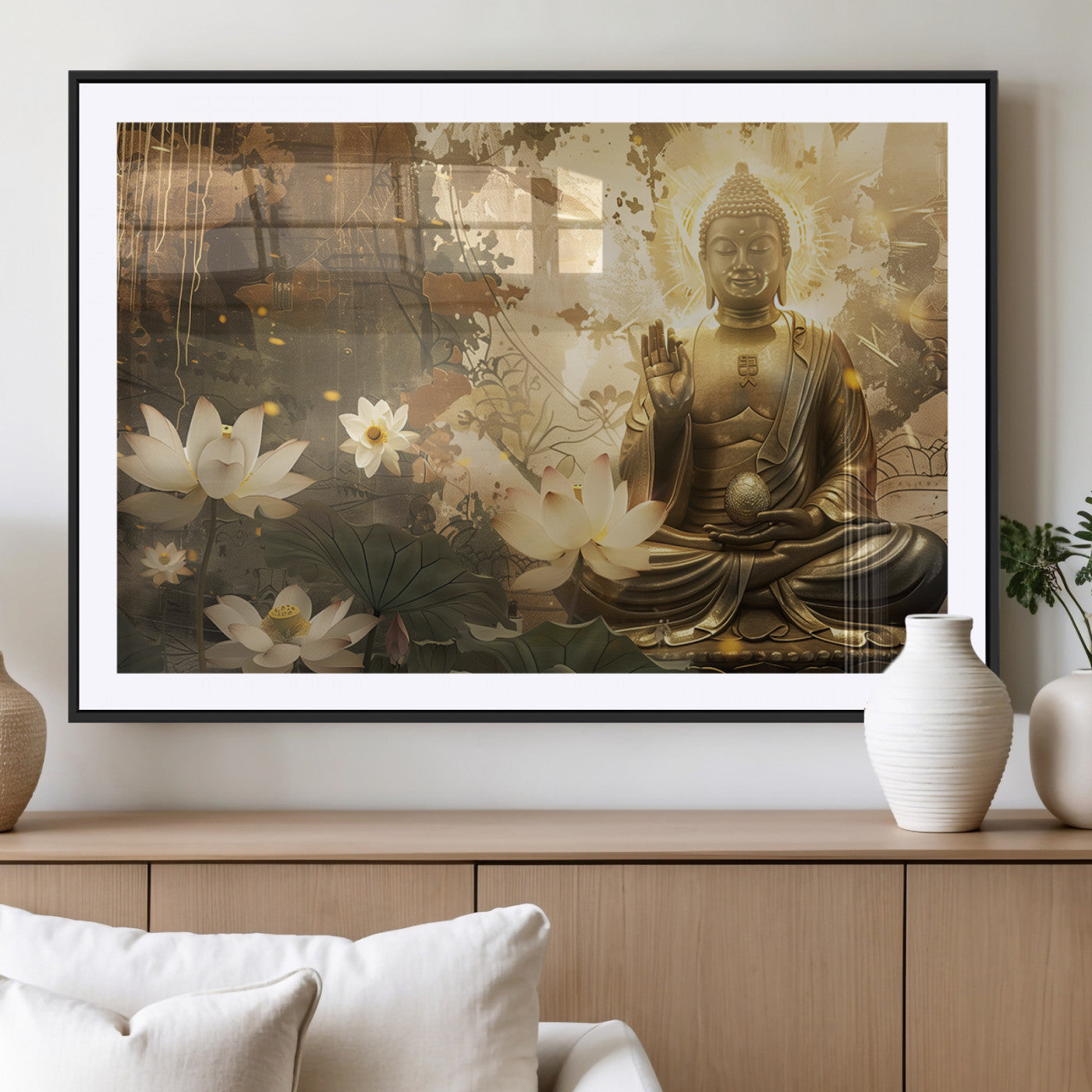 MGC-FP-36x24 - Zen Buddha Wall Art Canvas Print | Peaceful Meditation Decor with Lotus Flowers | Spiritual Serenity