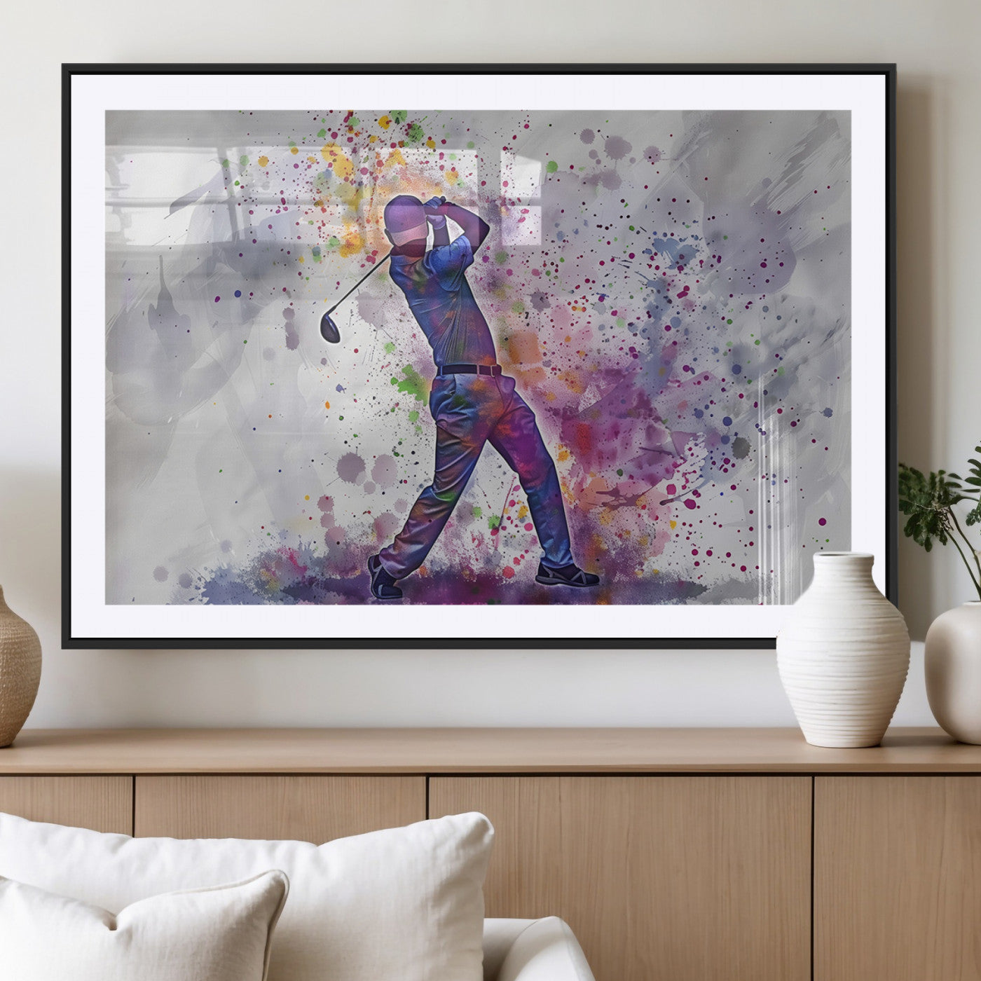 60116-MGC-FP-36x24_Black-Watercolor Golf Swing Wall Art Canvas Print | Vibrant Abstract Golf Player Silhouette |