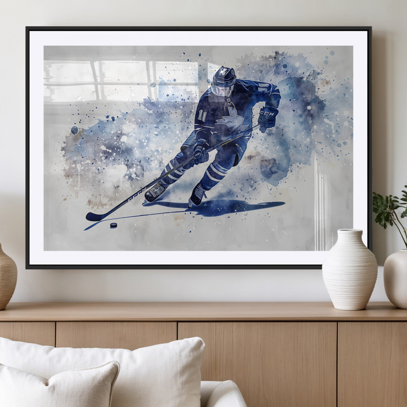 39795-MGC-FP-36x24_Black-Hockey Player Wall Art Canvas Print - Sports-Inspired Watercolor Decor - Ready to Hang