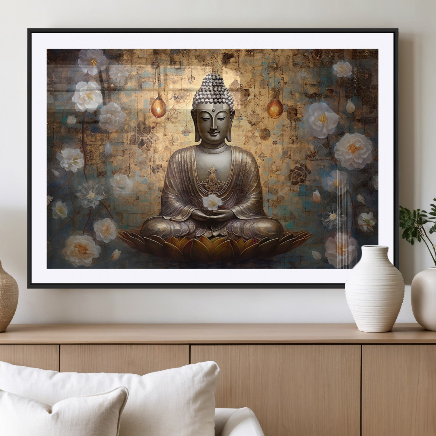 MGC-FP-36x24 - Golden Buddha Wall Art Canvas Print | Zen Meditation Floral Decor | Tranquil Spiritual Home Art |