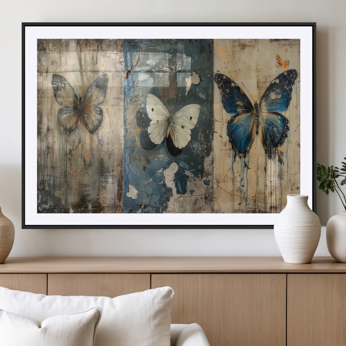 MGC-FP-36x24 - Butterfly Wall Art Trio | Vintage Butterfly Canvas Print | Ready to Hang Framed Artwork for