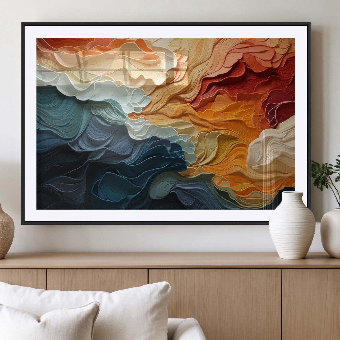 MGC-FP-36x24 - Blue Orange Abstract Wave Wall Art Canvas Print, Framed Blue Orange Wave Wall Art