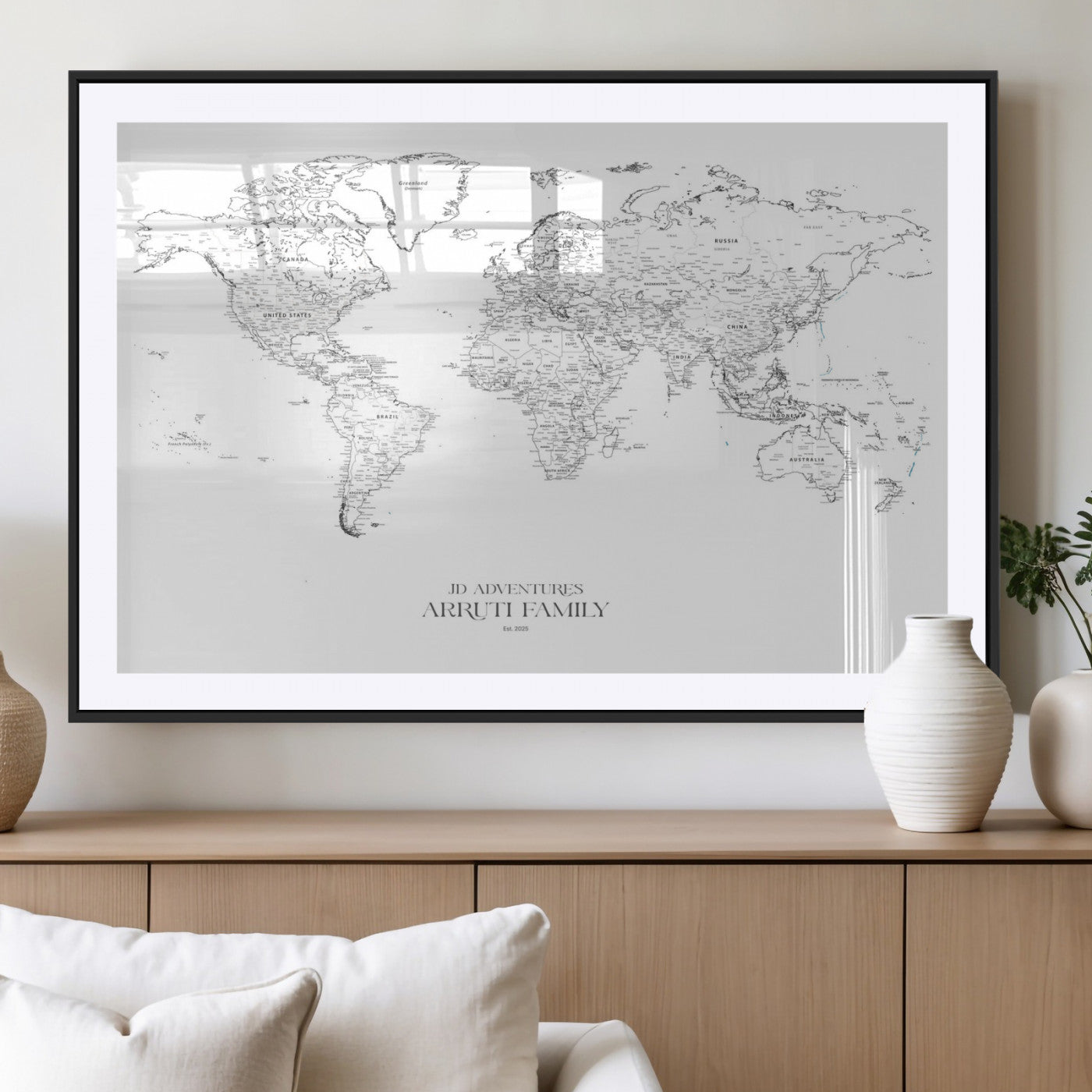 MGC-FP-36x24 - Custom World Map Wall Art – Personalized Framed Canvas Print with Push Pins for Travel Tracking,