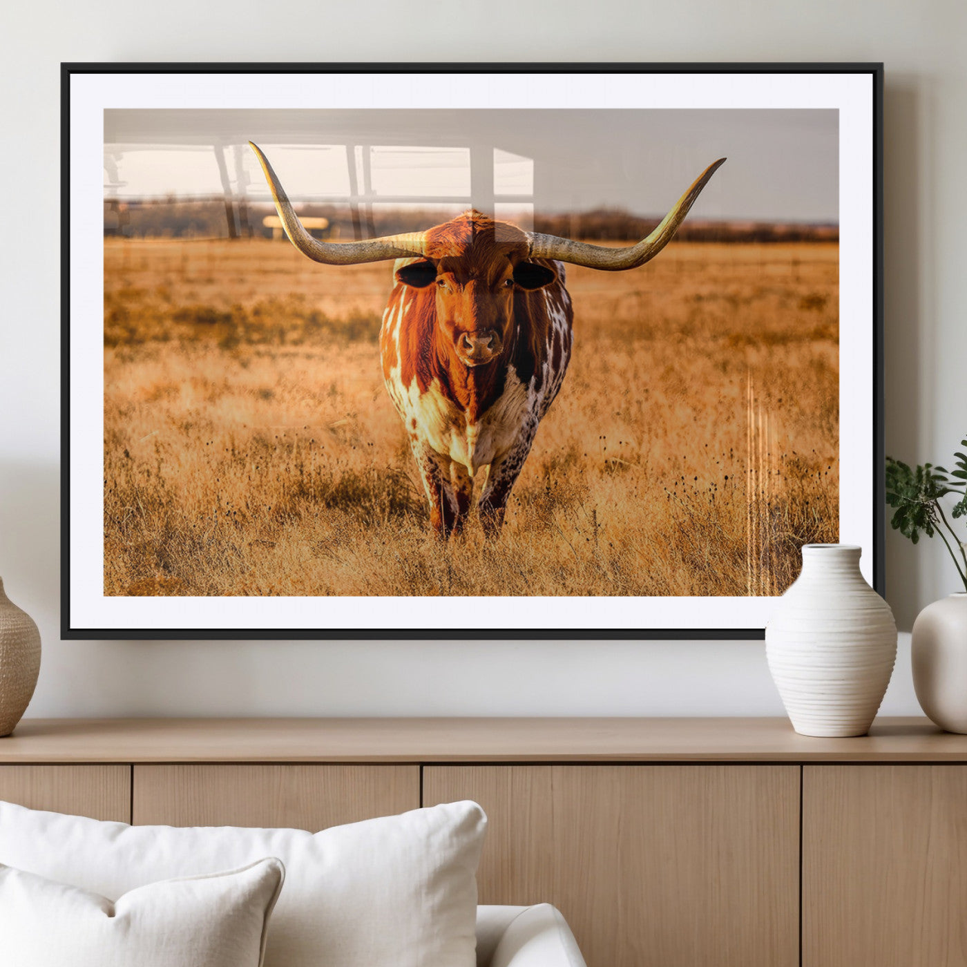 MGC-FP-36x24 - Longhorn Cow Wall Art | Ready to Hang Framed Canvas Print for Farmhouse and Barn Decor