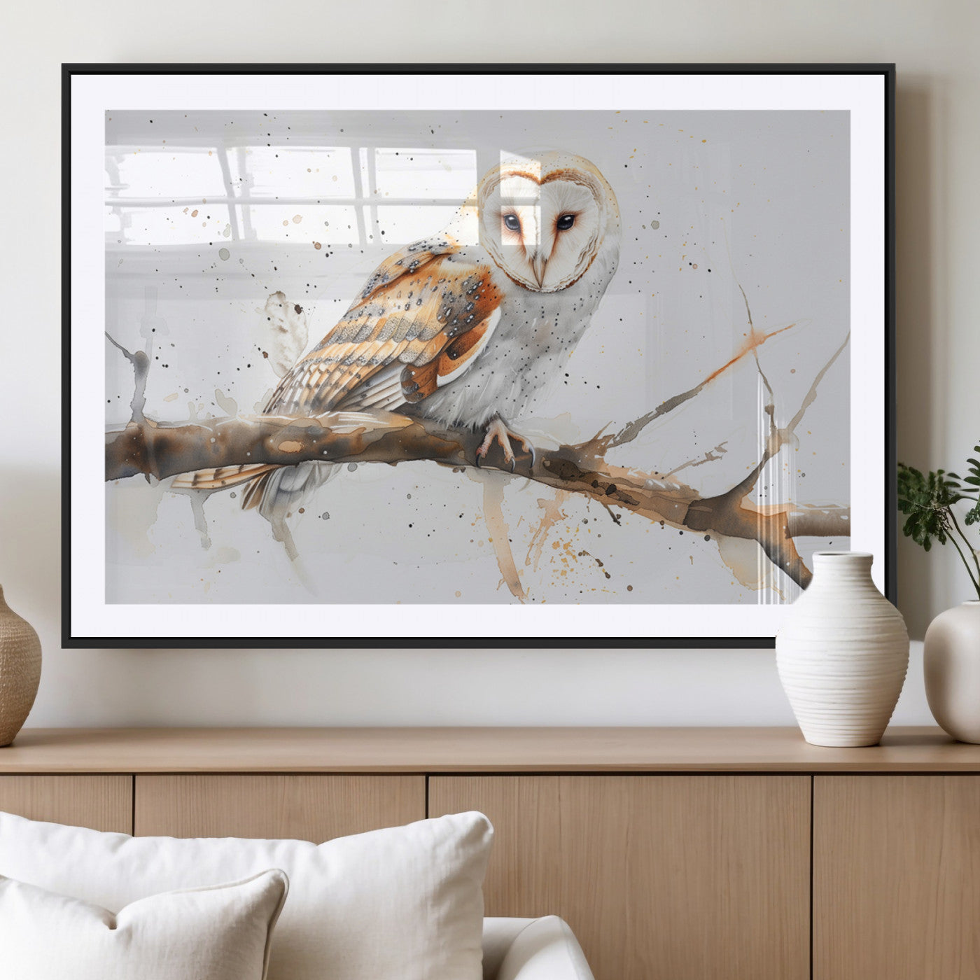MGC-FP-36x24 - Barn Owl Wall Art on Branch | Stunning Canvas Print for Nature Lovers | Ready to Hang and Framed