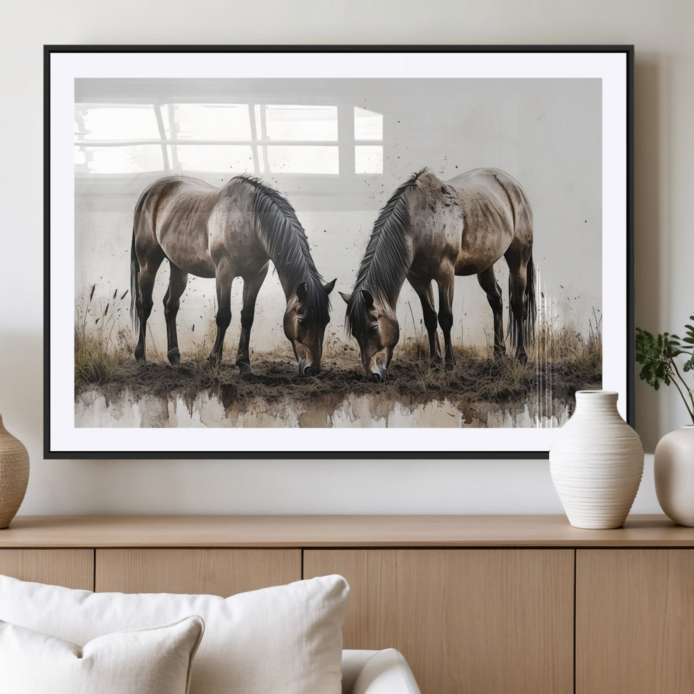 MGC-FP-36x24 - Chines Ink Style Horses Wall Art Canvas Print