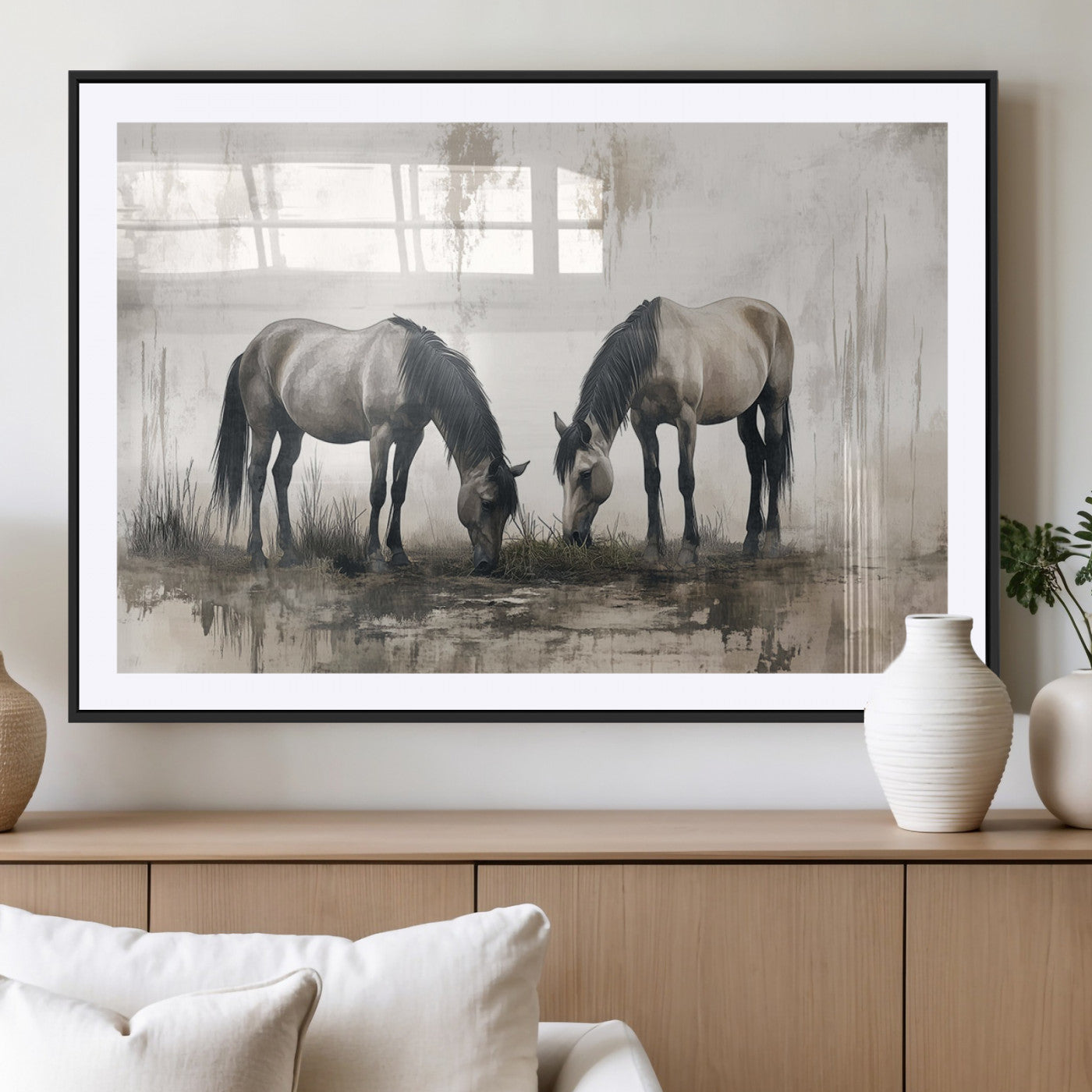 MGC-FP-36x24 - Chines Ink Style Vintage Horses Wall Art Canvas Print for Farmhouse Wall Decor