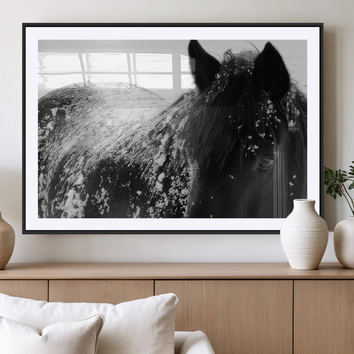 MGC-FP-36x24 - Black Horse in Snow Canvas Print | Winter Horse Wall Art | Ready to Hang and Framed | Farmhouse Wall