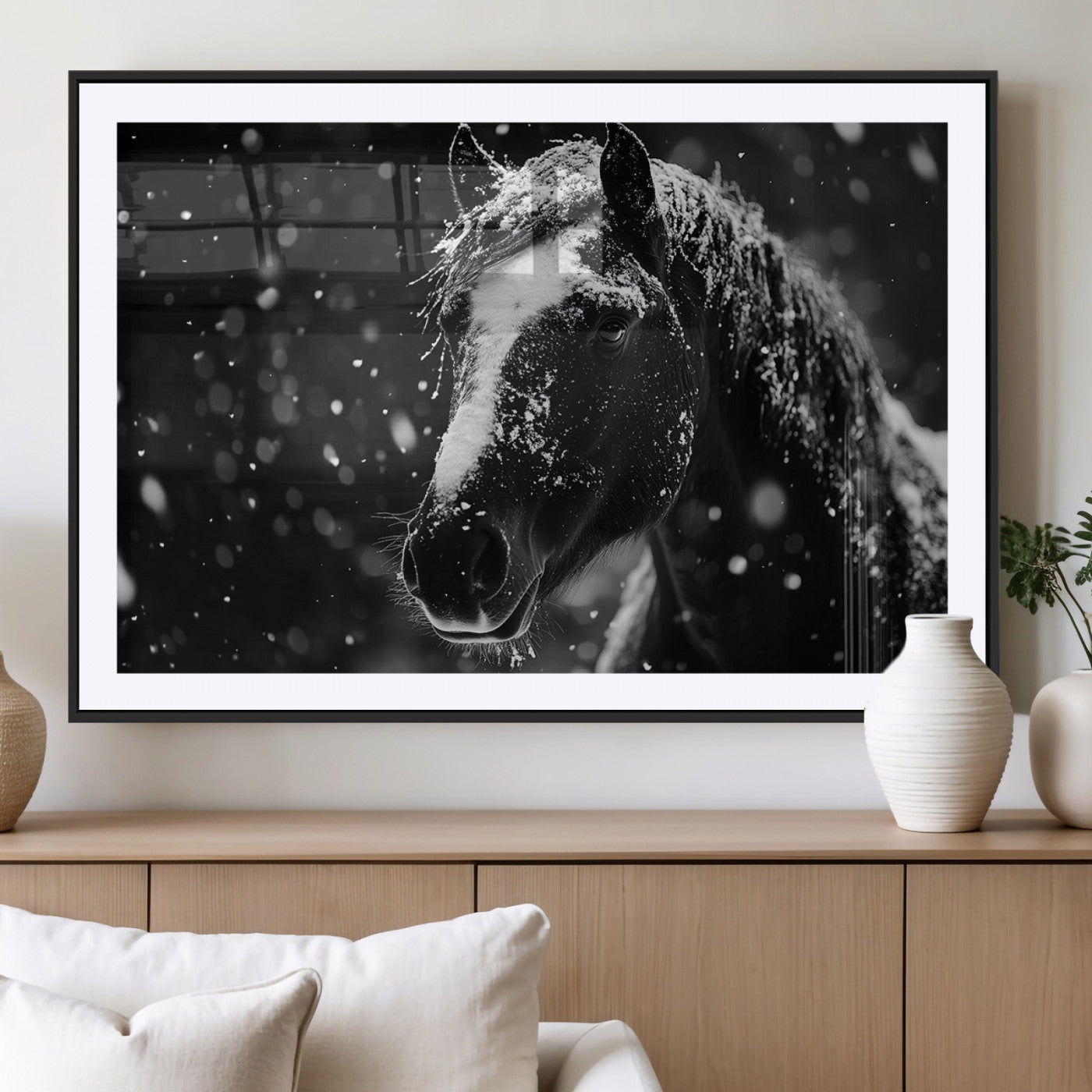 MGC-FP-36x24 - Winter Horse Wall Art | Black and White Horse Print | Ready to Hang and Framed | Farmhouse Wall Art