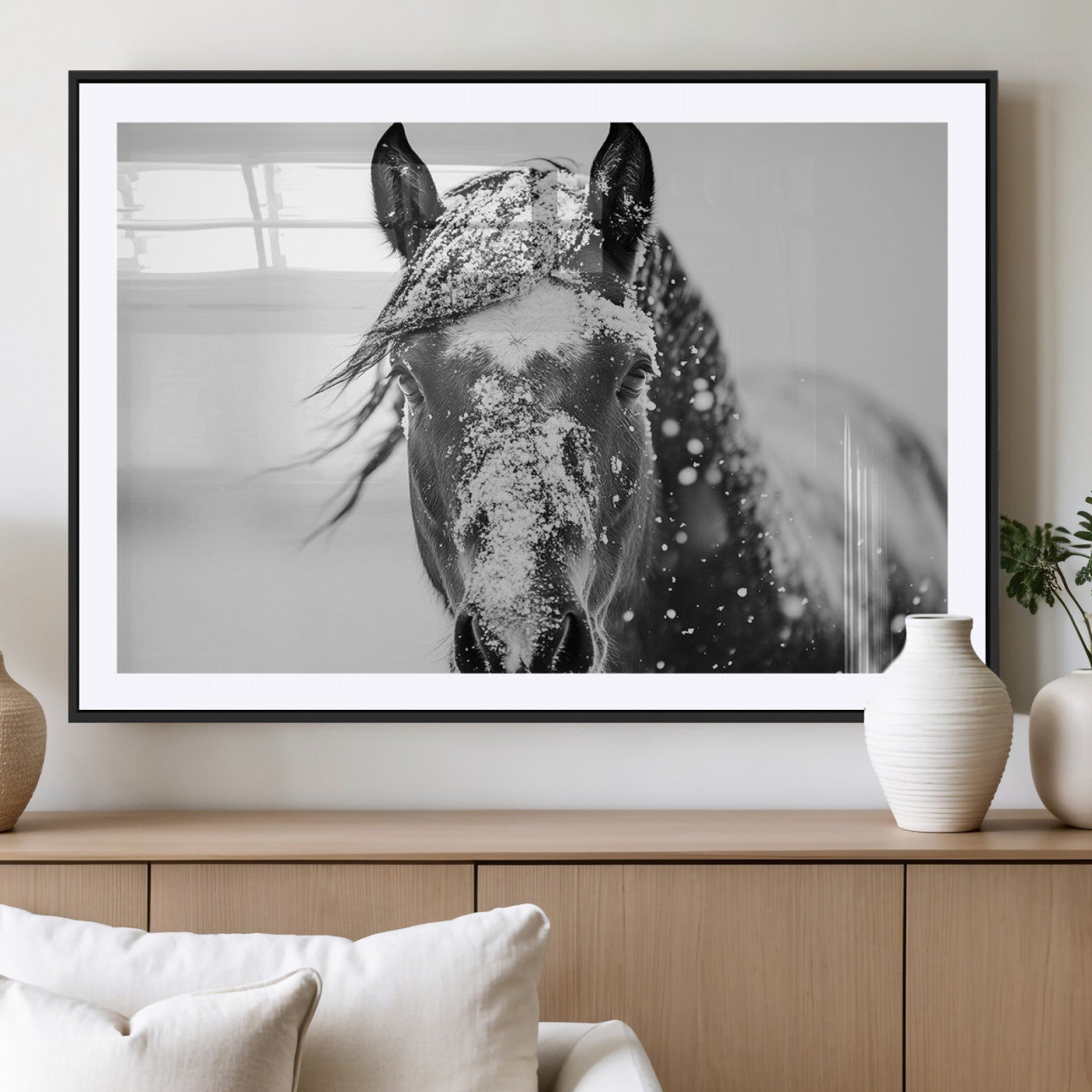 MGC-FP-36x24 - Western Wall Art | Black and White Winter Horse Wall Art | Ready to Hang and Framed | Farmhouse and
