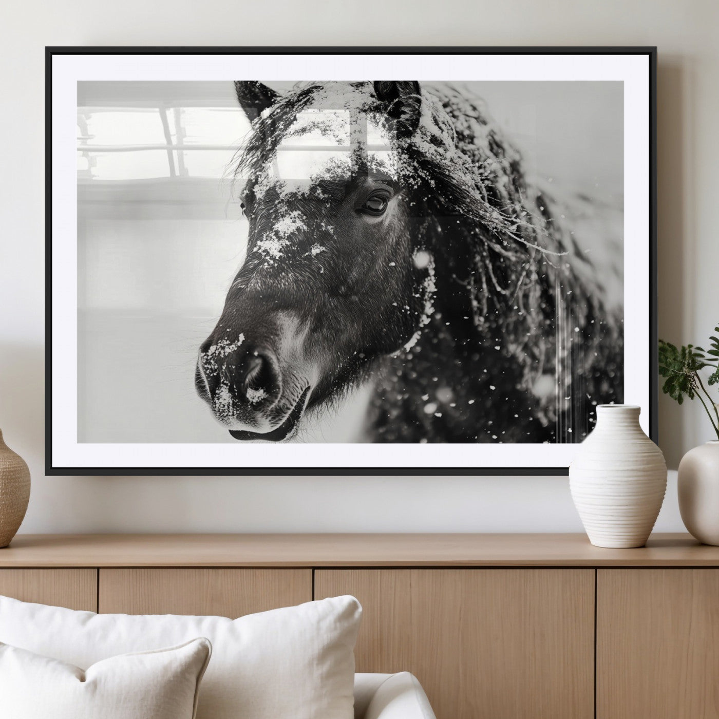 MGC-FP-36x24 - Framed Black and White Horse Wall Art | Ready to Hang and Framed | Farmhouse and Western Wall Decor