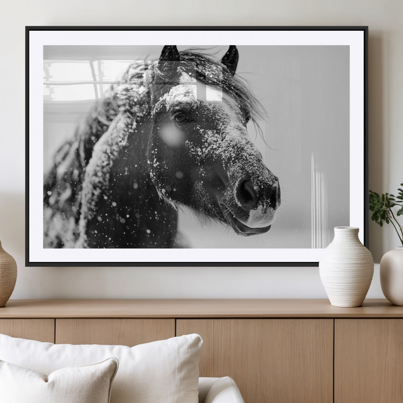 MGC-FP-36x24 - Winter Horse Canvas Print | Large 3-Panel Black White Equine Photography for Rustic Farmhouse Wall