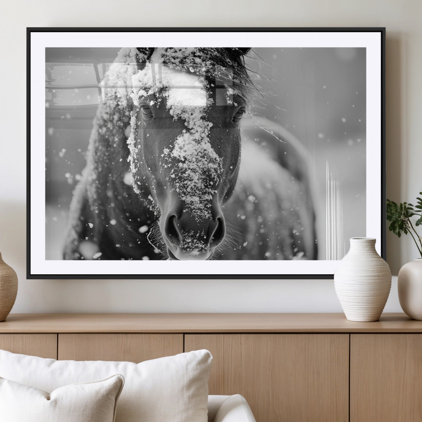 MGC-FP-36x24 - Black and White Horse Winter Wall Art | Ready to Hang and Framed | Farmhouse Wall Decor | Western