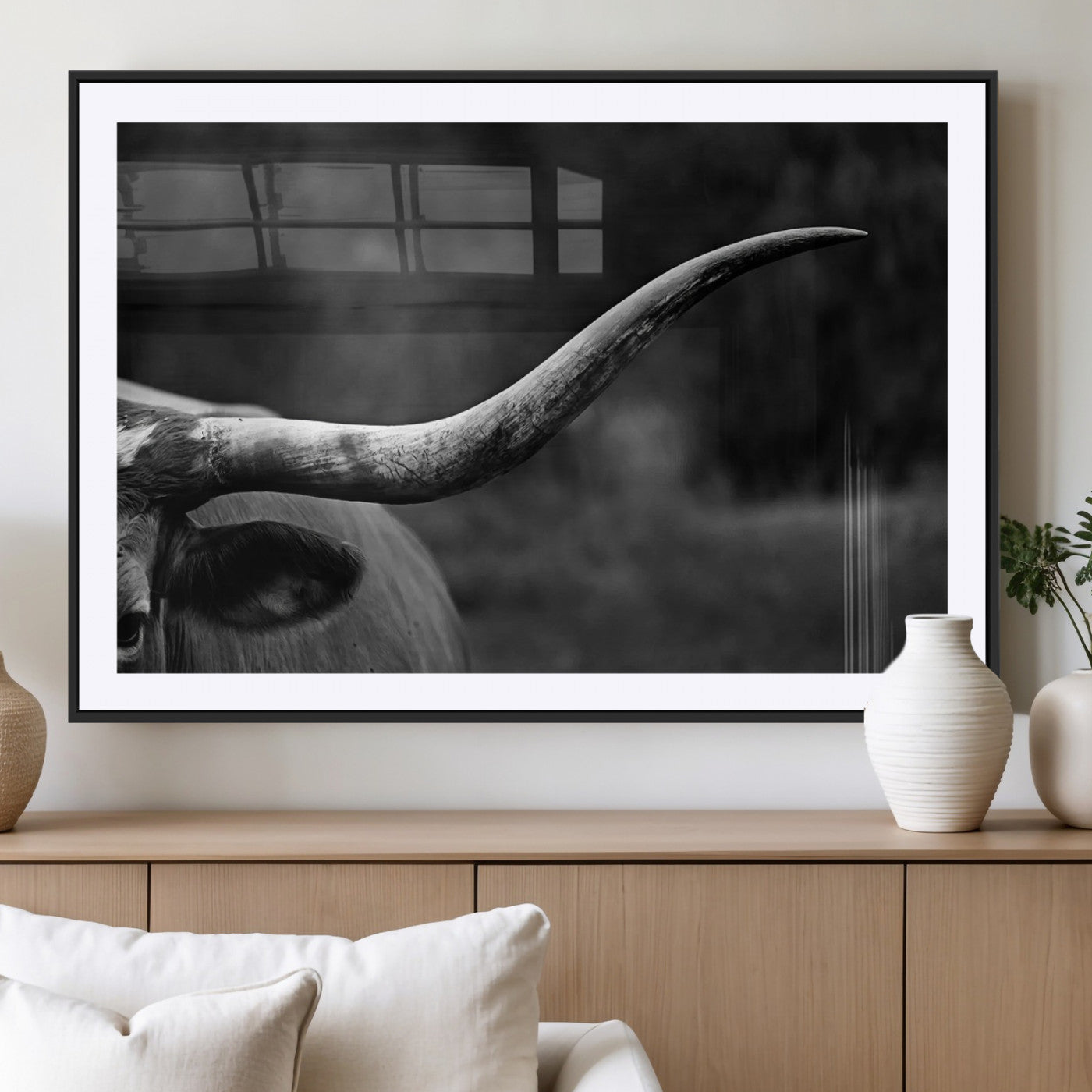 MGC-FP-36x24 - Cow Longhorn Wall Art | Black and White Print | Ready to Hang and Framed | Farmhouse Wall Decor |