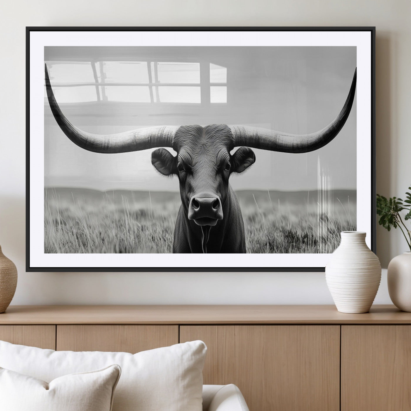 -Longhorn Bull Canvas Print | Rustic Farmhouse Wall Art | Western Decor | Ready to Hang and Framed