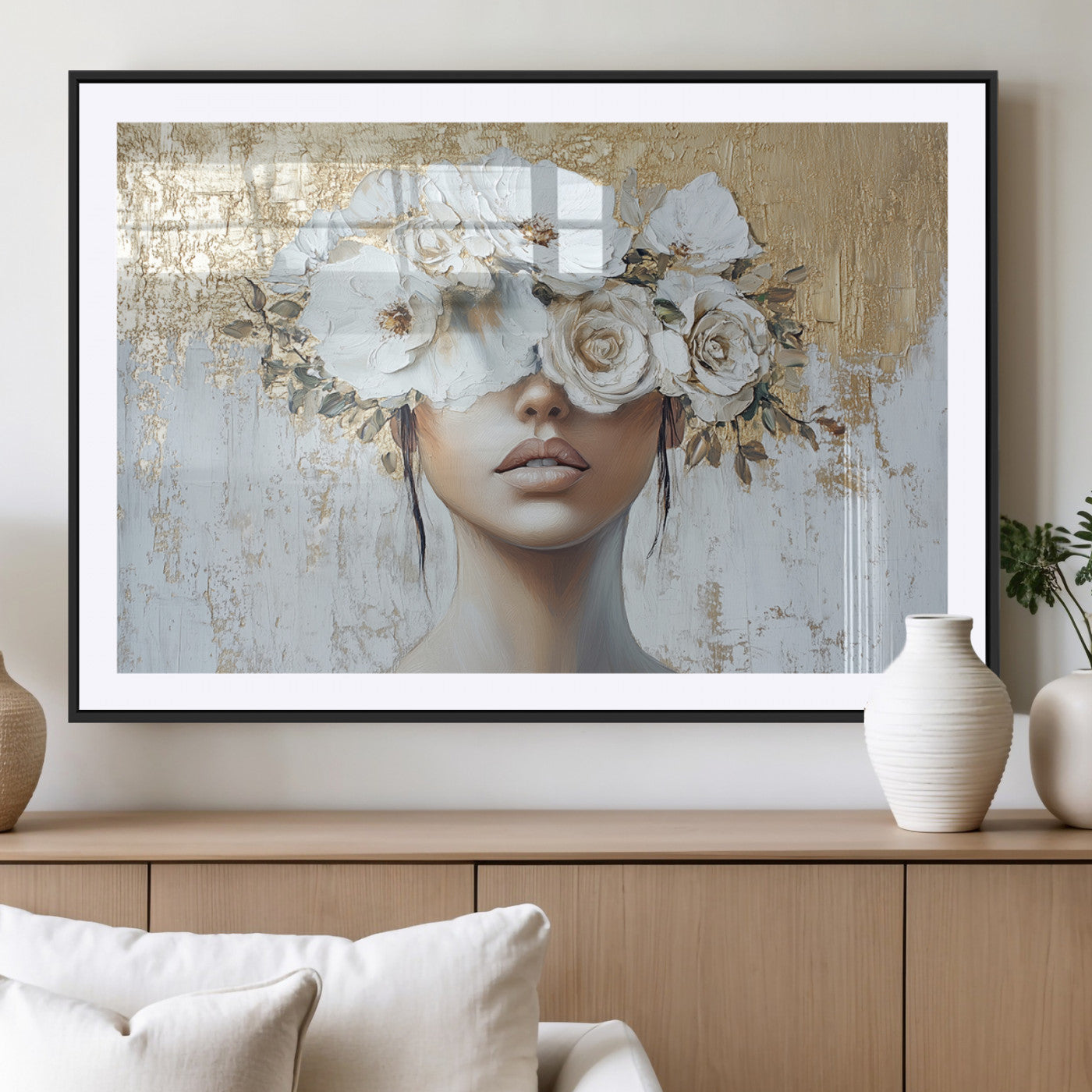 MGC-FP-36x24 - Golden Petal Wall Art - Canvas Print Flower Head Woman Painting Floral Woman Portrait Wall Decor,