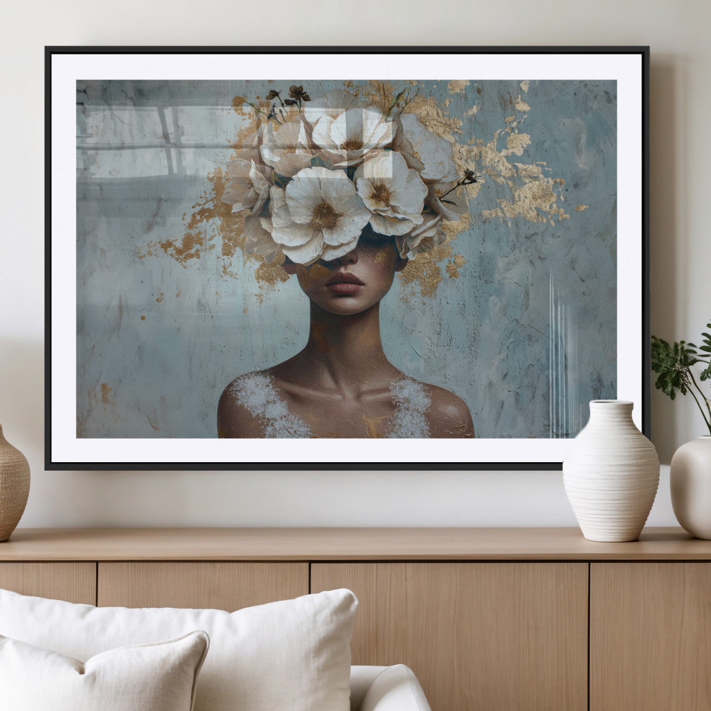 MGC-FP-36x24 - Golden Petal Wall Art - Petal Silhouette Woman Wall Art Canvas Print | Large 3-Panel Canvas with