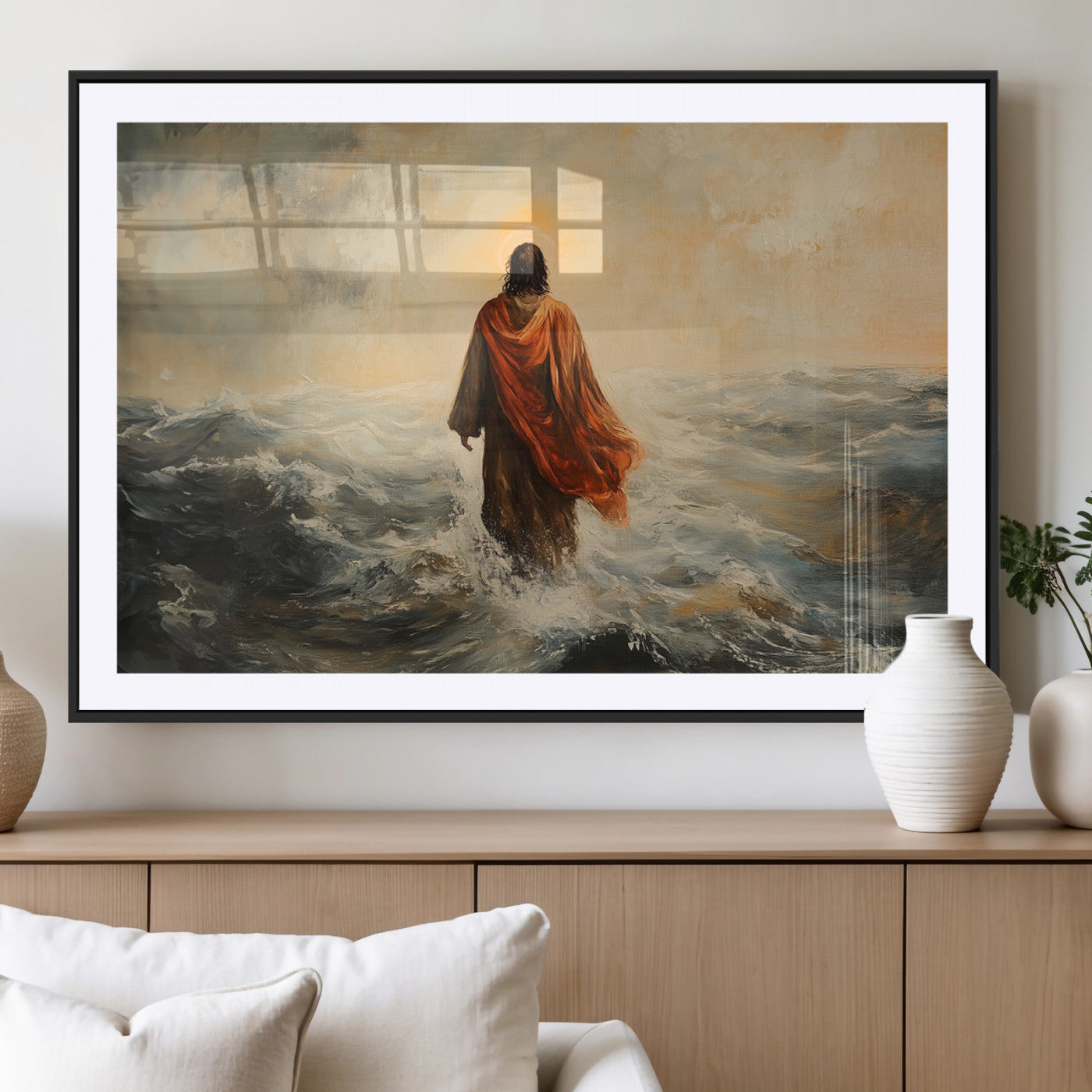 MGC-FP-36x24 - Jesus Walking on Water, Christian Wall Art, Jesus Christ Walking on Oil Painting Style Print