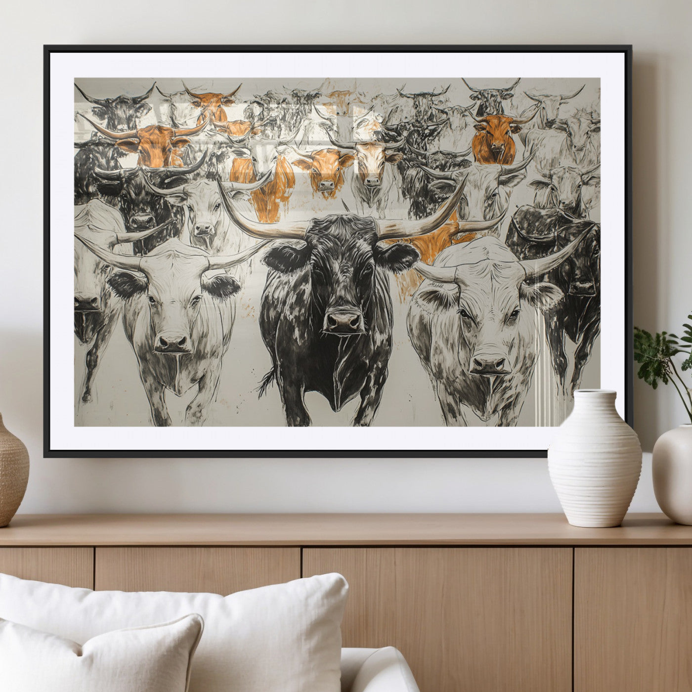 MGC-FP-36x24 - Texas Longhorn Wall Art - Herd Canvas Wall Art Print - Abstract Cow Drawing Wall Art Print for