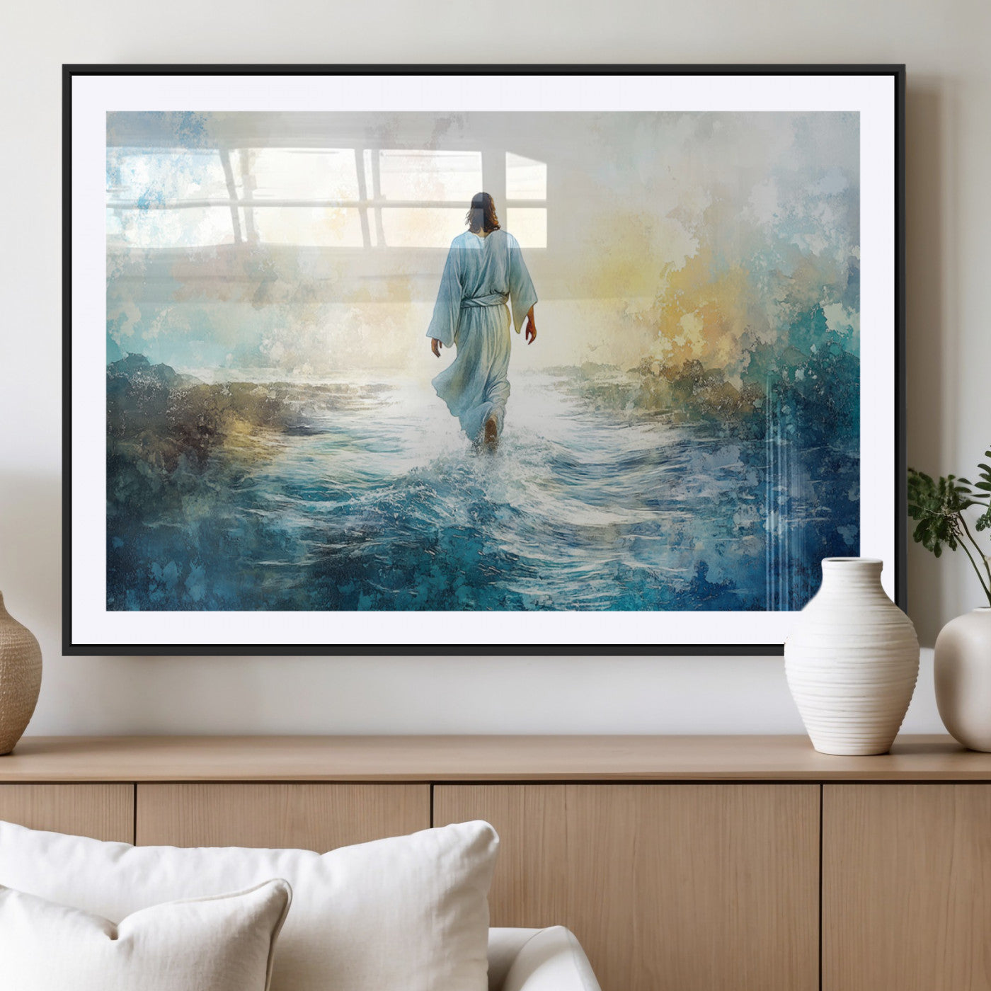 MGC-FP-36x24 - Watercolor Jesus Walking on Water Canvas Print, Christian Wall Art, Jesus Christ Walking