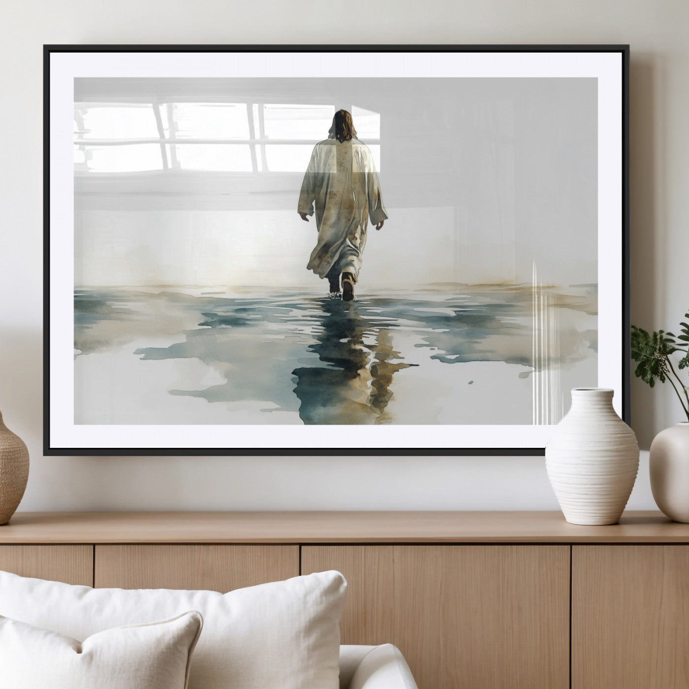 MGC-FP-36x24 - Watercolor Jesus Walking on Water Canvas Print, Christian Wall Art, Jesus Christ Walking