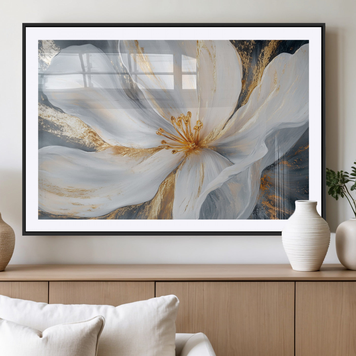 MGC-FP-36x24 - White and Gold Floral Canvas Wall Art - Framed and Ready to Hang - Perfect for Modern Living Rooms