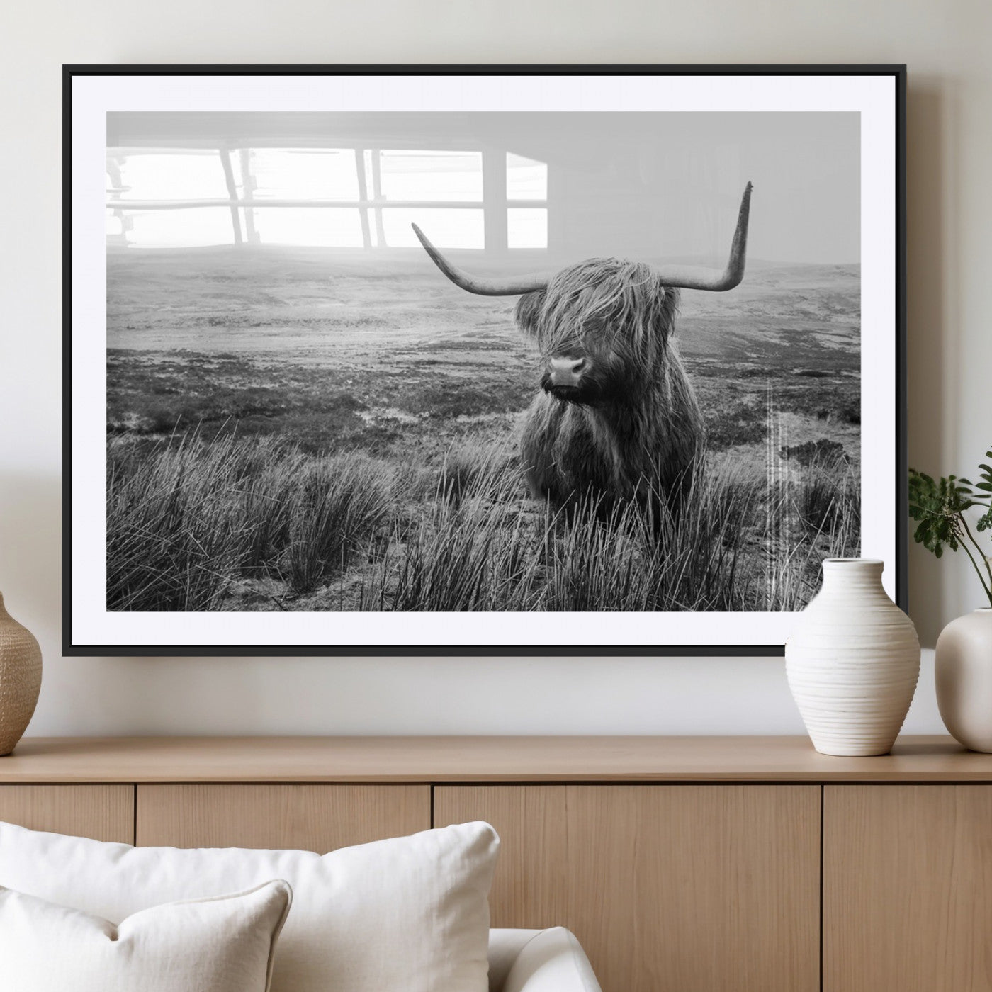 MGC-FP-36x24 - Scottish Highland Cow Wall Art | Black and White Canvas Print | Ready to Hang and Framed | Rustic