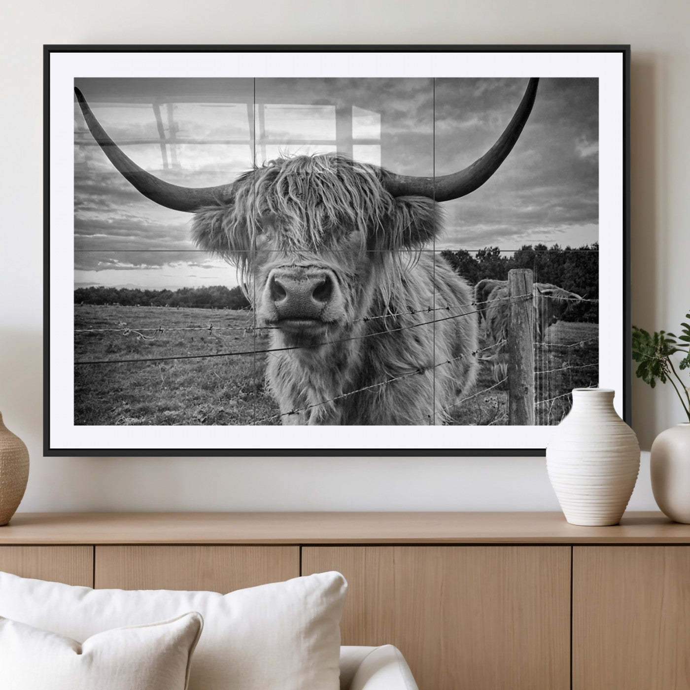 71937-MGC-FP-36x24_Black-Scottish Highland Cow Canvas Wall Art Farmhouse Decor, Framed Scottish Highland Cow Print