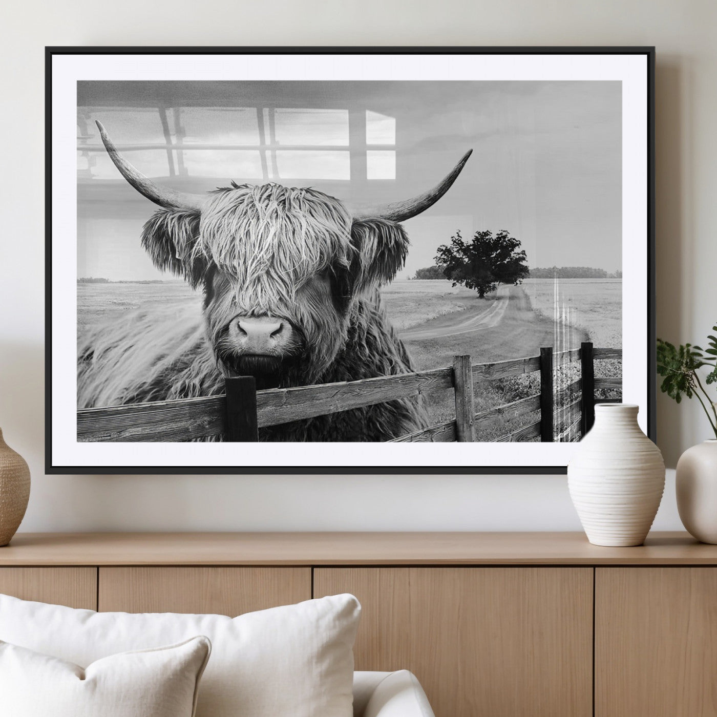 MGC-FP-36x24 - Scottish Highland Cow Wall Art | Rustic Farmhouse Décor | Black and White Ready to Hang Canvas Print
