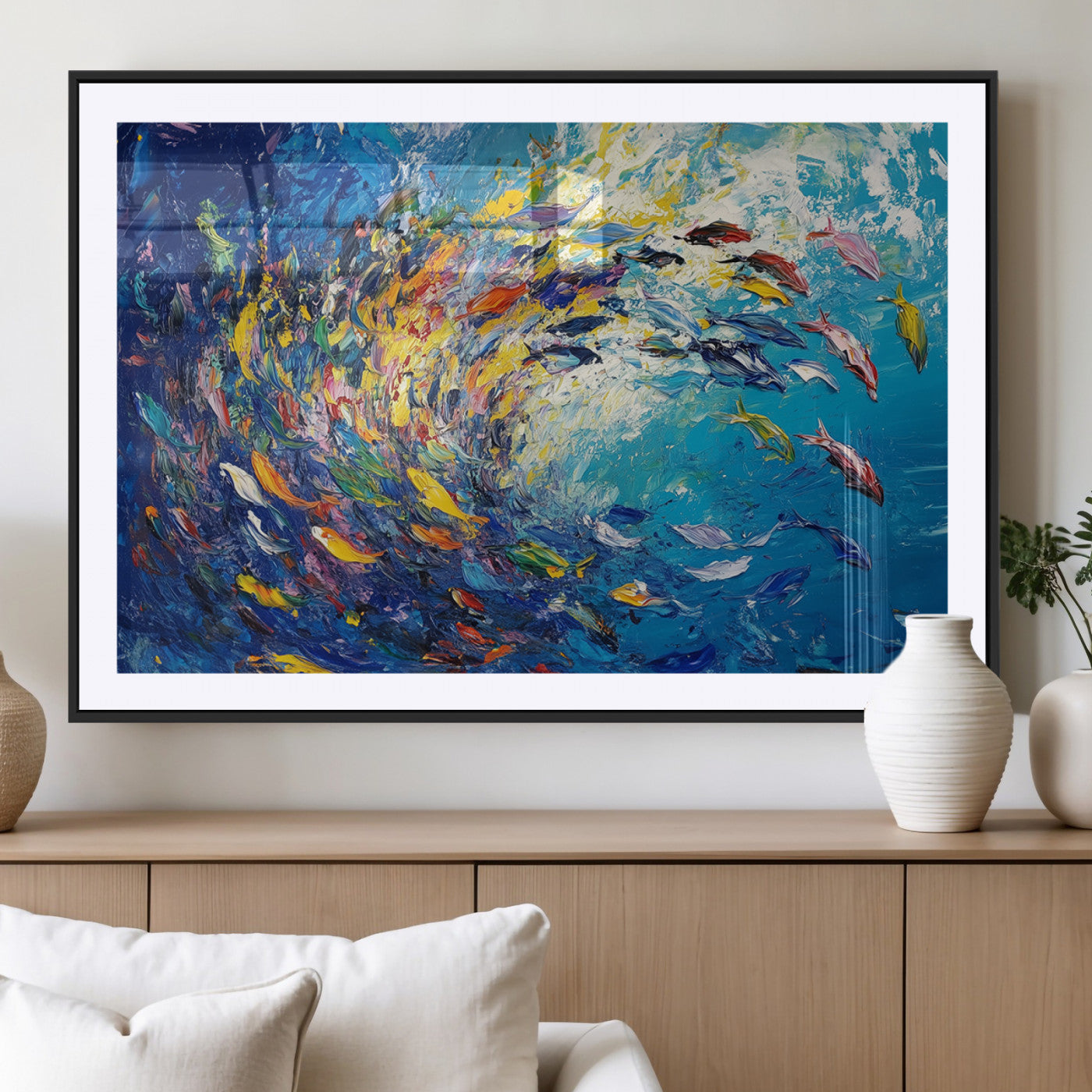MGC-FP-36x24 - Colorful Swirling Fish School Wall Art Canvas Print | Oceanic Abstract Painting | Ready to Hang |