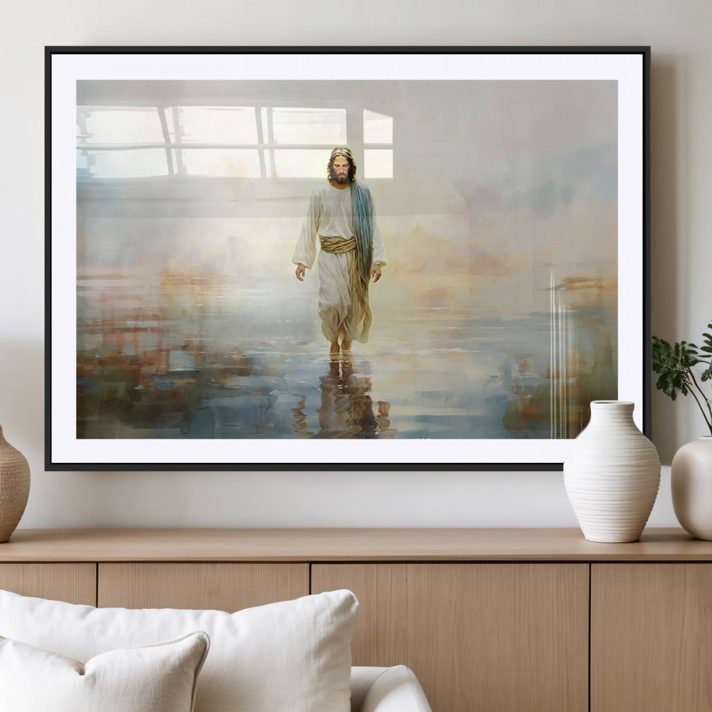 MGC-FP-36x24 - Framed Jesus Walking on Water Wall Art - 3-Panel Christian Canvas Prints, Religious Artwork for