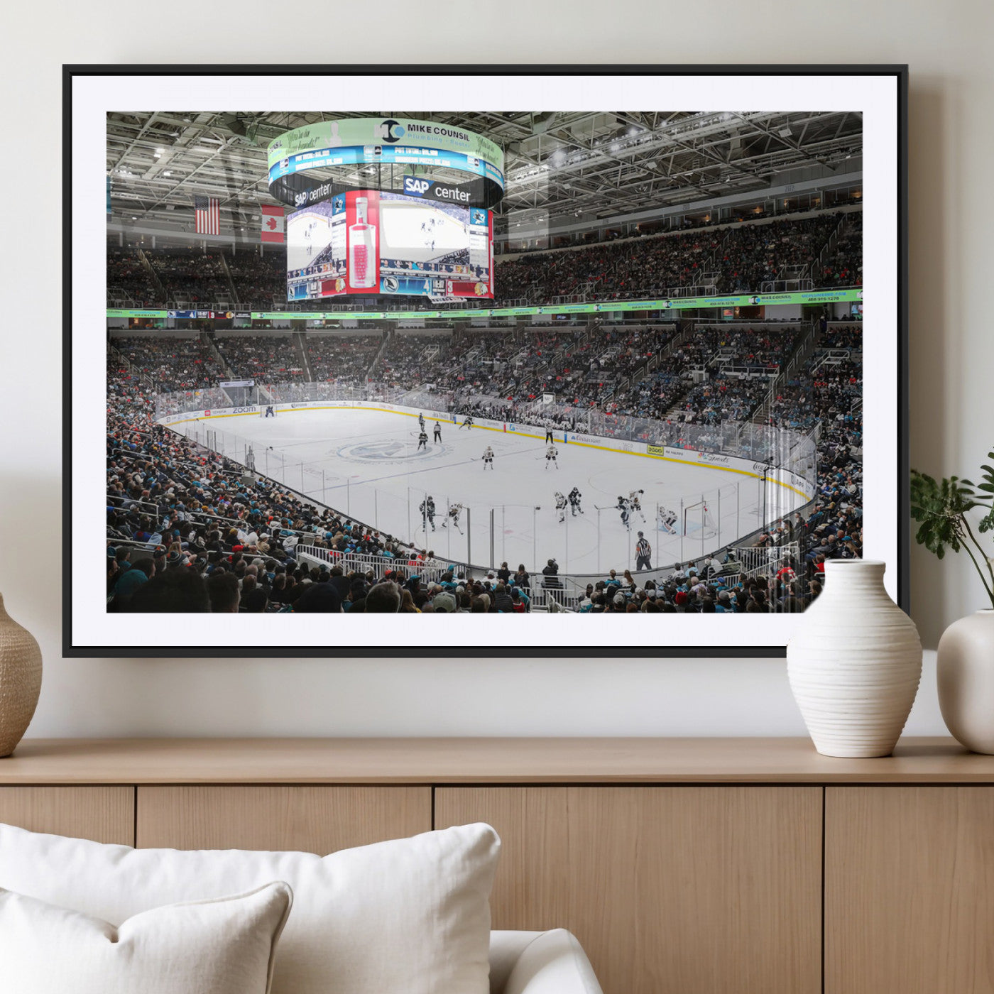 MGC-FP-36x24 - Sharks Arena Blackhawks Sharks Ice Hockey Stadium Wall Art Canvas Print, Framed Blackhawks Sharks