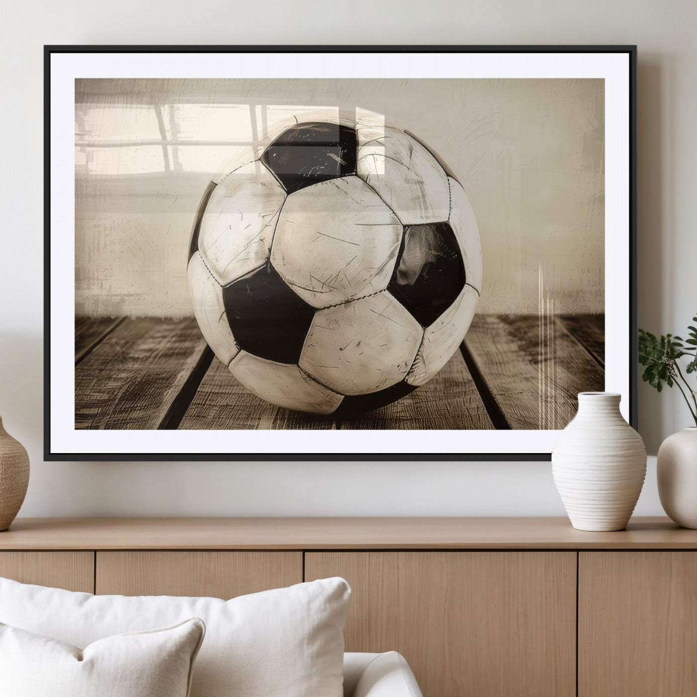 MGC-FP-36x24 - Vintage Soccer Ball Wall Decor Canvas Art – 3-Panel Soccer Wall Decor, Framed and Ready to Hang