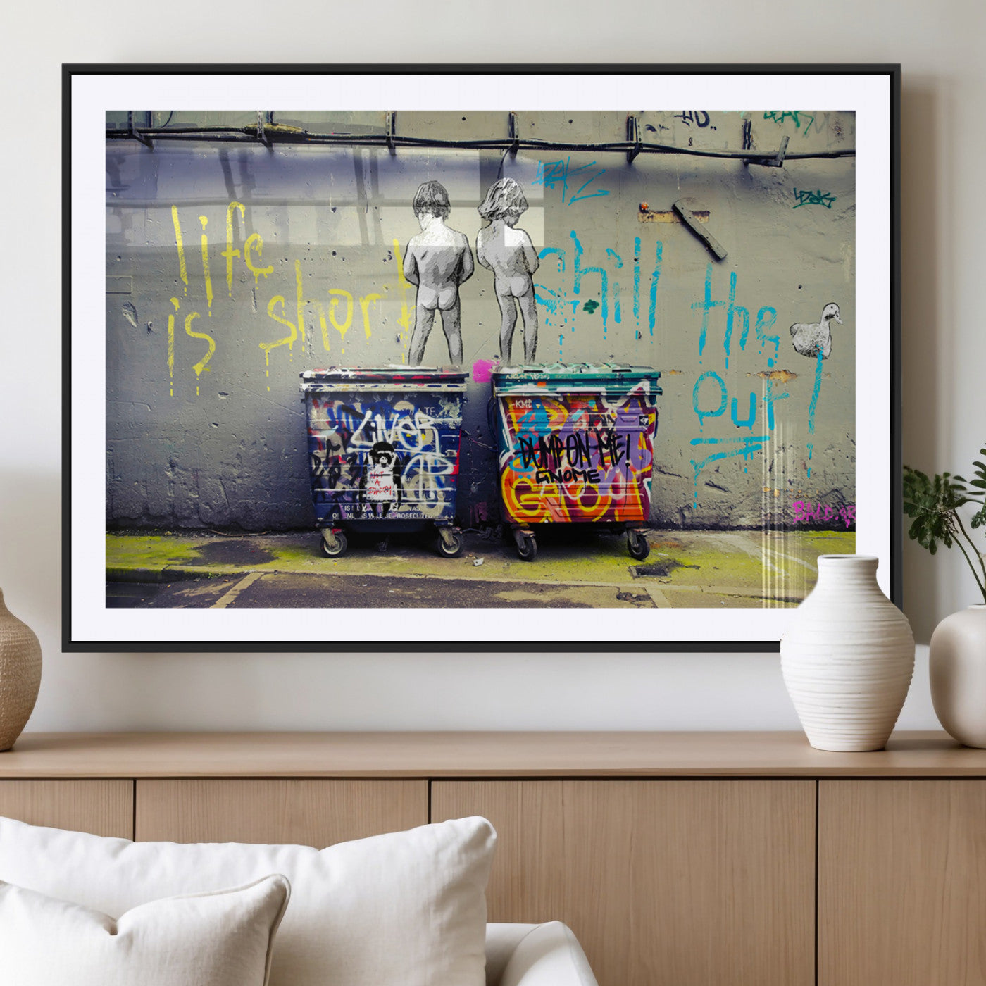 MGC-FP-36x24 - Banksy Life is Short Wall Art - Iconic Graffiti Art on Framed Ready-to-Hang Canvas - Street Art