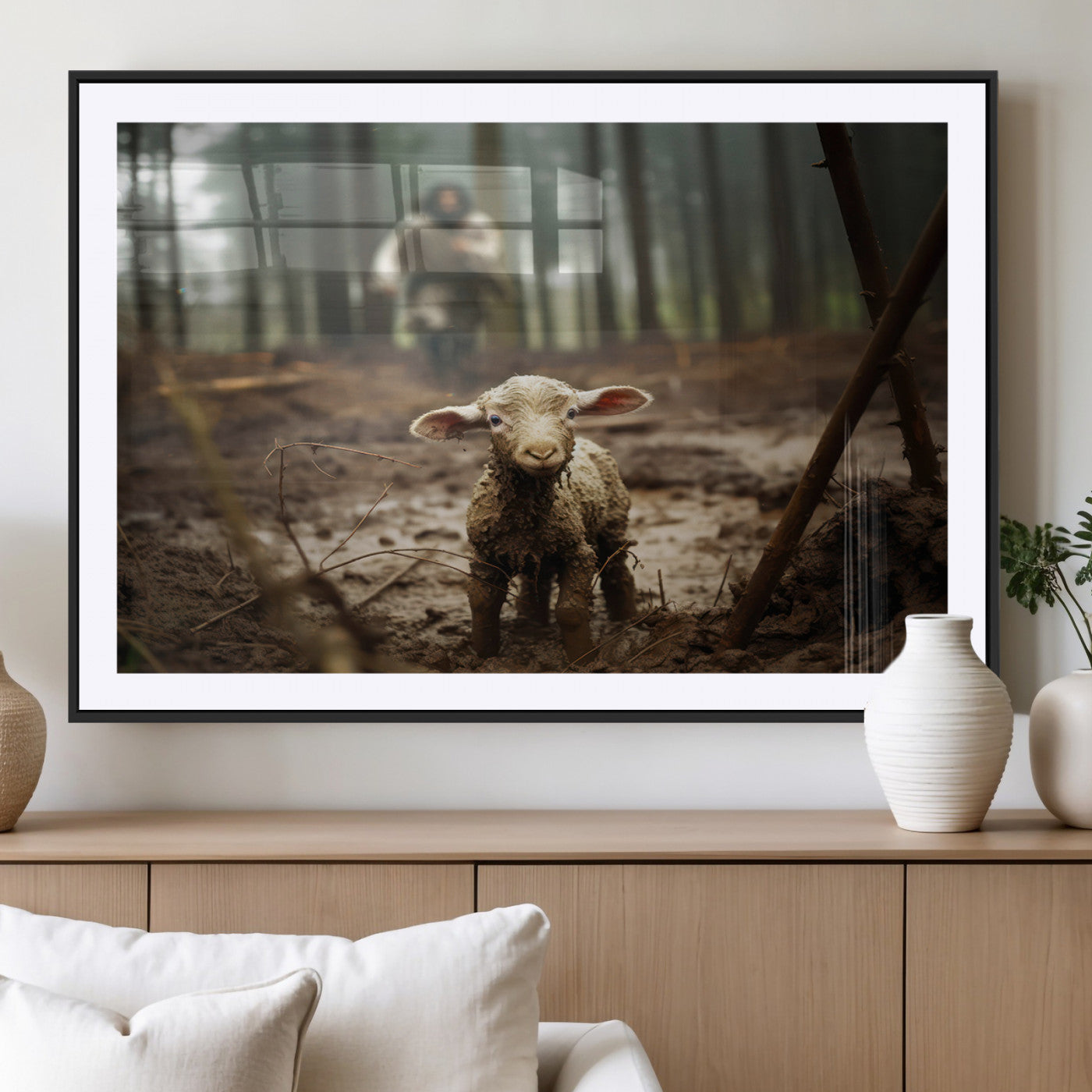 MGC-FP-36x24 - Jesus Running After a Lost Lamb Canvas Wall Art Print