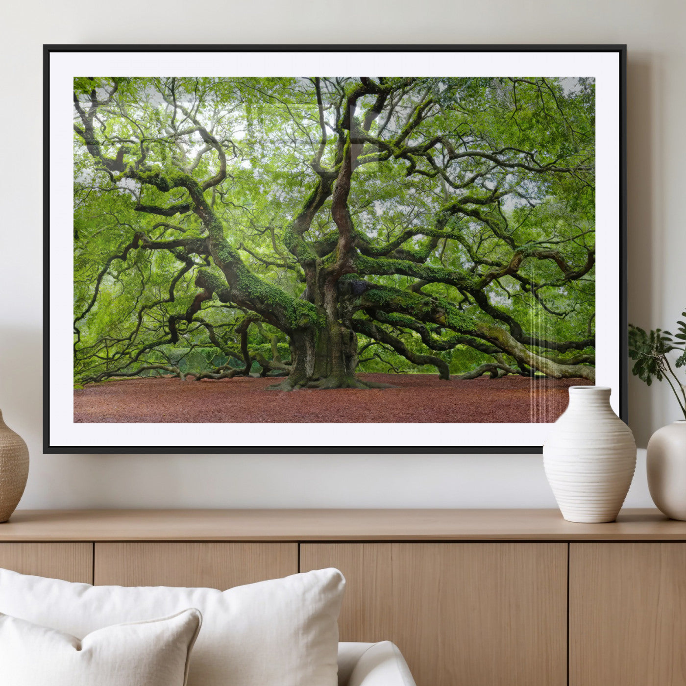 MGC-FP-36x24 - Framed Angel Oak Tree Wall Art - 3-Panel Canvas Prints, Large Green Nature Artwork, Ready to Hang