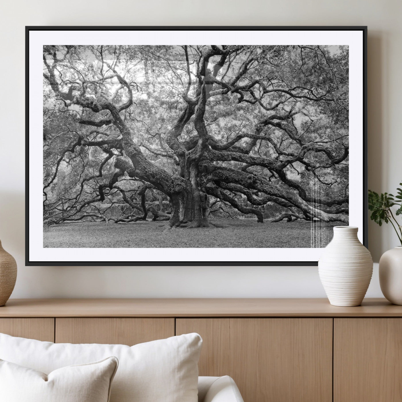 MGC-FP-36x24 - Black White Angel Oak Tree Wall Art - Timeless Nature-Inspired Canvas for Rustic, Modern, or