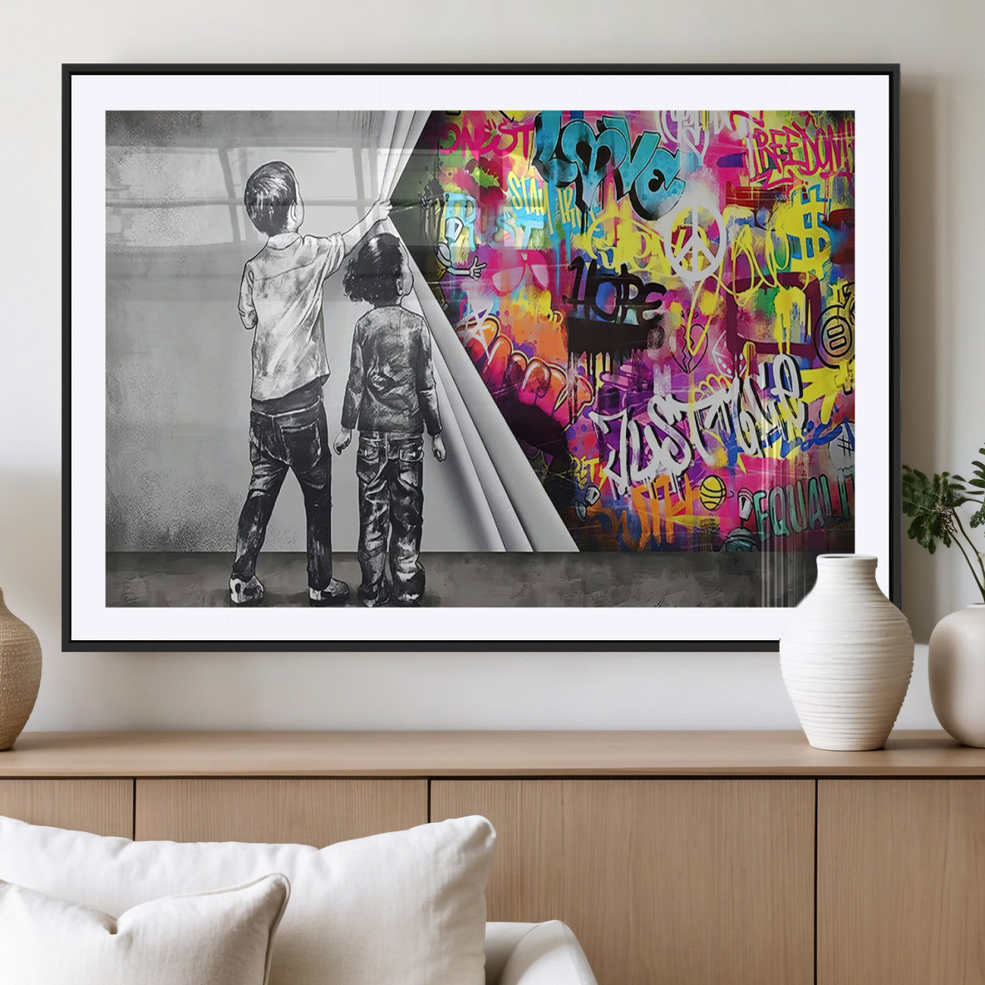 MGC-FP-36x24 - Banksy Print - Street Art Canvas Wall Art - Kids Revealing Graffiti, Urban Modern Decor for Living