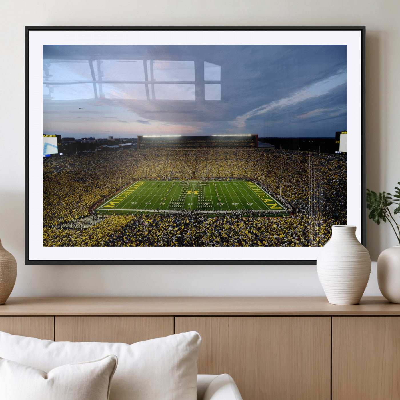 82641-MGC-FP-36x24 - Michigan Stadium Wall Art Canvas Print, Vibrant Game Day Crowd and Sunset Sky Football Field Artwork for Home, Office