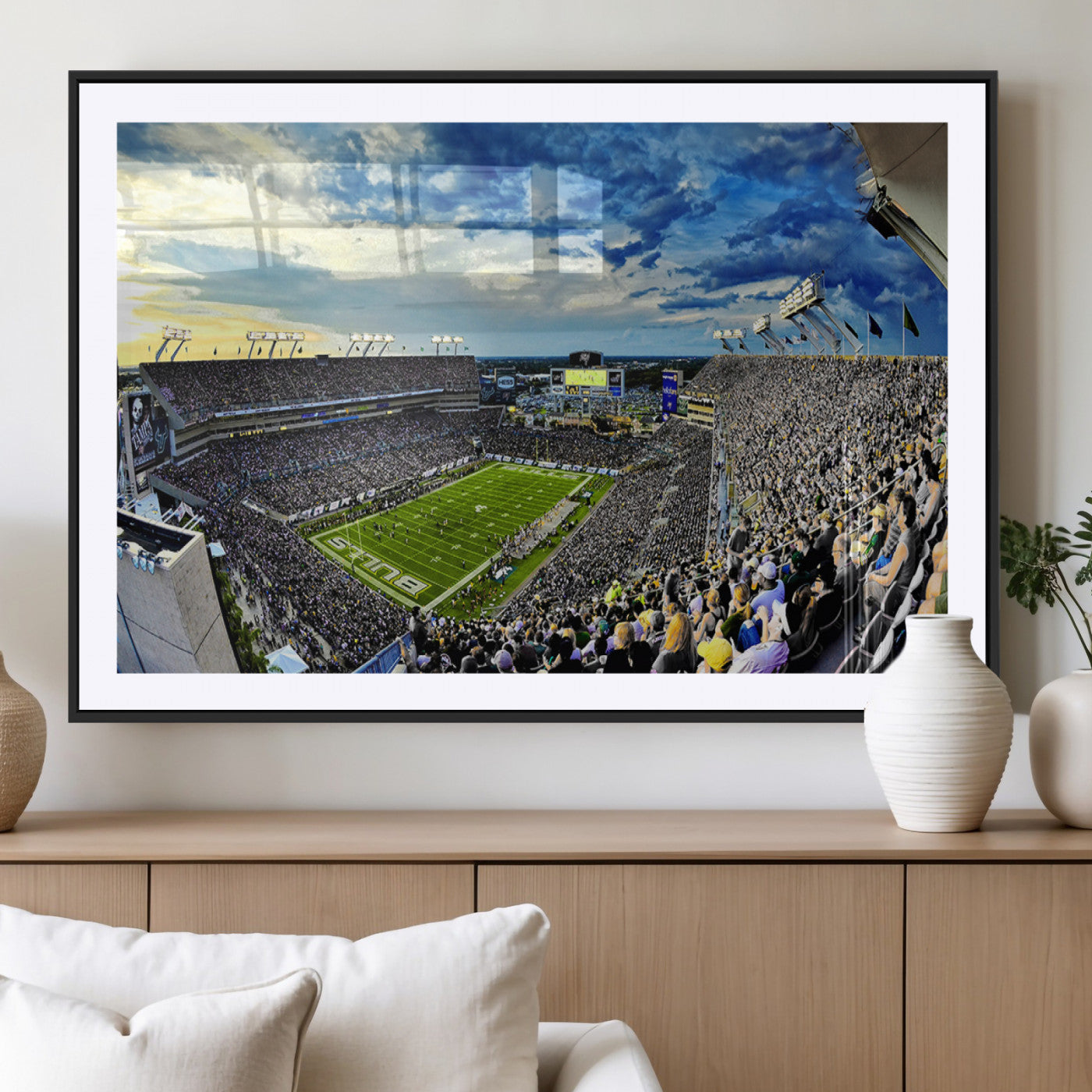 MGC-FP-36x24 - Framed USF Bulls Football Team Print - Tampa Raymond James Stadium Wall Art Canvas Print