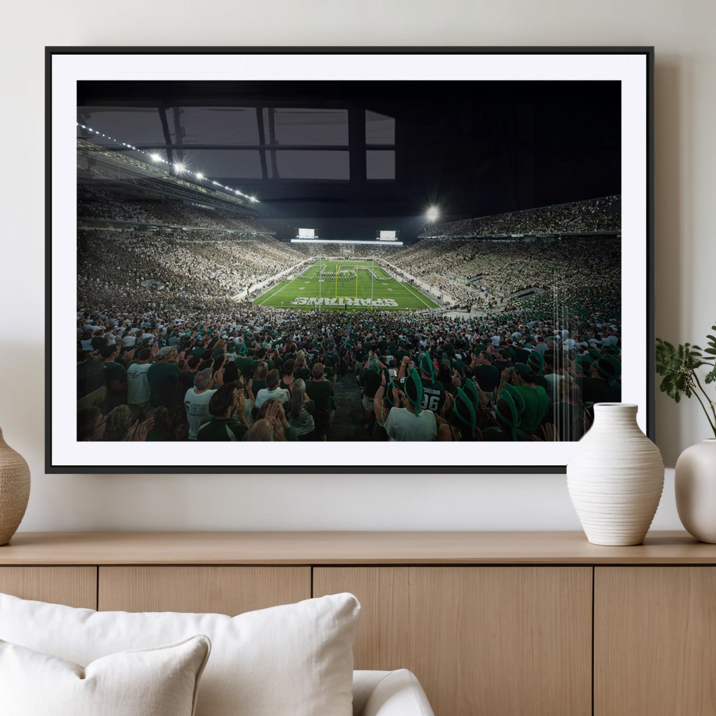 MGC-FP-36x24 - Framed Michigan State Spartans Football Team Print - East Lansing Spartan Stadium Wall Art Canvas