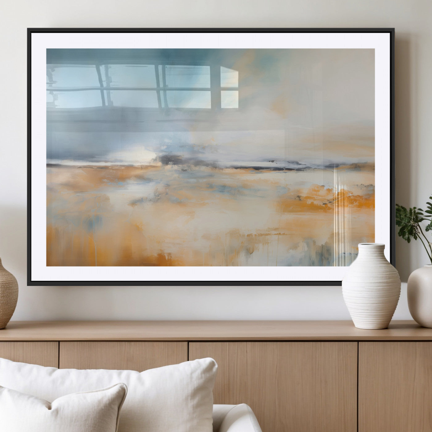 -Abstract Landscape Wall Art Canvas Print - Warm Tones of Orange and Blue, Modern Framed Art for Home