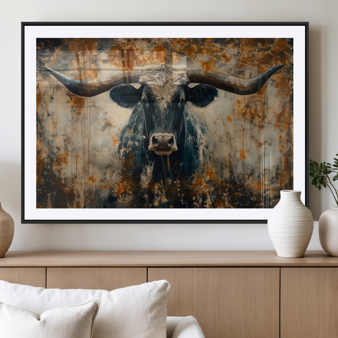 MGC-FP-36x24 - Abstract Longhorn Bull Wall Art | Rustic Western Wall Decor | Framed and Ready to Hang | Ideal for