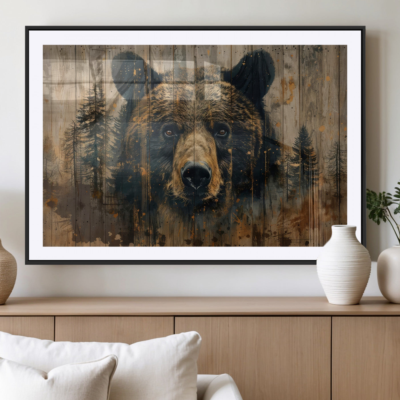MGC-FP-36x24 - Abstract 399 Bear Wall Art | Rustic Cabin Wall Decor with Forest Design | Framed and Ready to Hang |