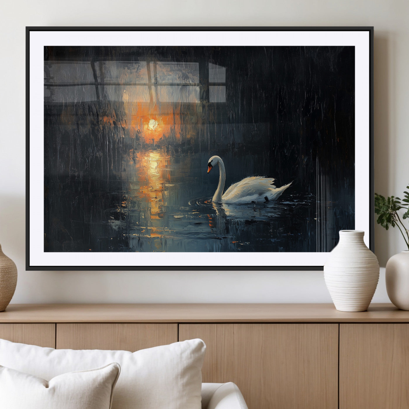 MGC-FP-36x24 - Abstract Swan on Water Wall Art Canvas Print - Elegant Nature Scene for Modern Home Decor
